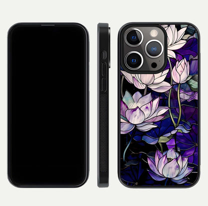 Purple Lotus Pattern Glass Case for iPhone 13 Pro front & back layout highlighting floral tones and soft edges
