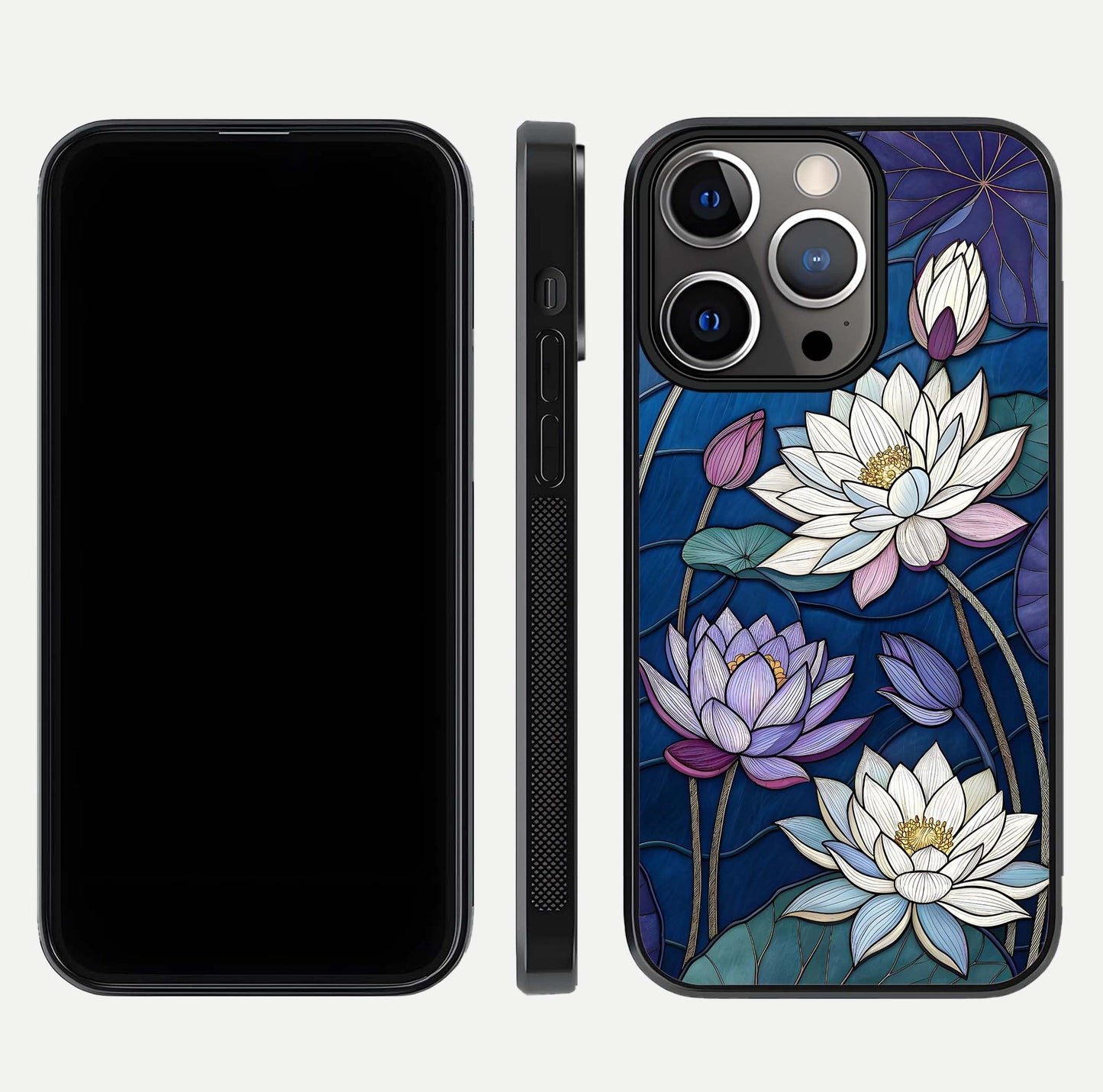 Purple Lotus Stained Glass Case for iPhone 13 Pro front & back layout showing bright tones and smooth edge finish