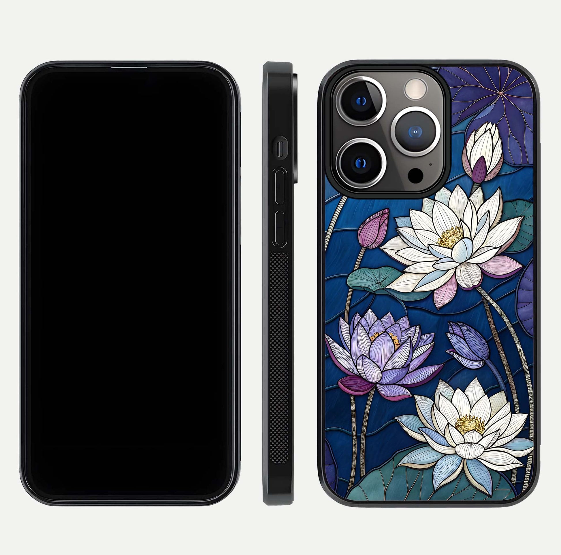 Purple Lotus Stained Glass Case for iPhone 13 Pro front & back layout showing bright tones and smooth edge finish