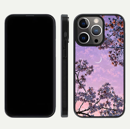 Purple Serenity Moon Glass Case for iPhone 13 Pro front & back layout highlighting celestial tones and curves