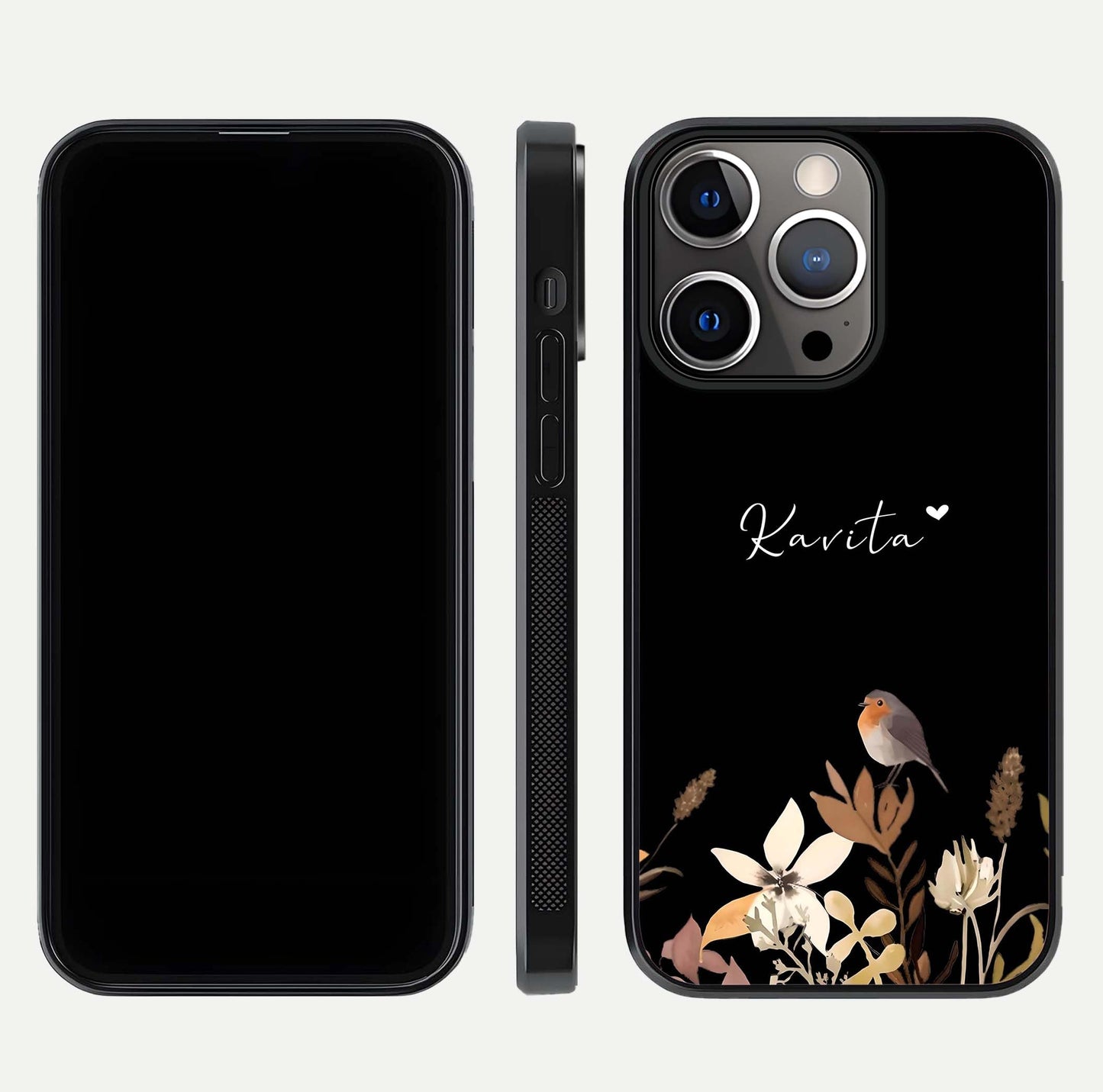 Quiet Garden Tune Custom Name Glass Case for iPhone 13 Pro front & back layout highlighting name area and edges