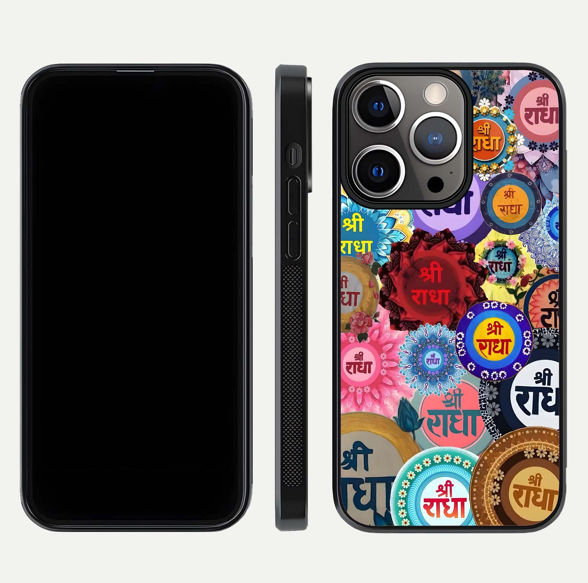Radha Divine Bloom Glass Case for iPhone 13 Pro front & back layout showing spiritual tones and elegant edges