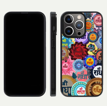 Radha Divine Bloom Glass Case for iPhone 13 Pro front & back layout showing spiritual tones and elegant edges