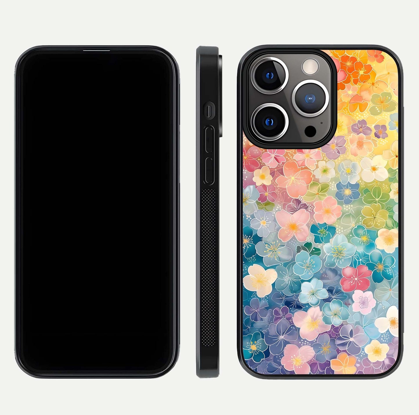Rainbow Blossom Burst Glass Case for iPhone 13 Pro front & back layout showing bright tones and edge finish