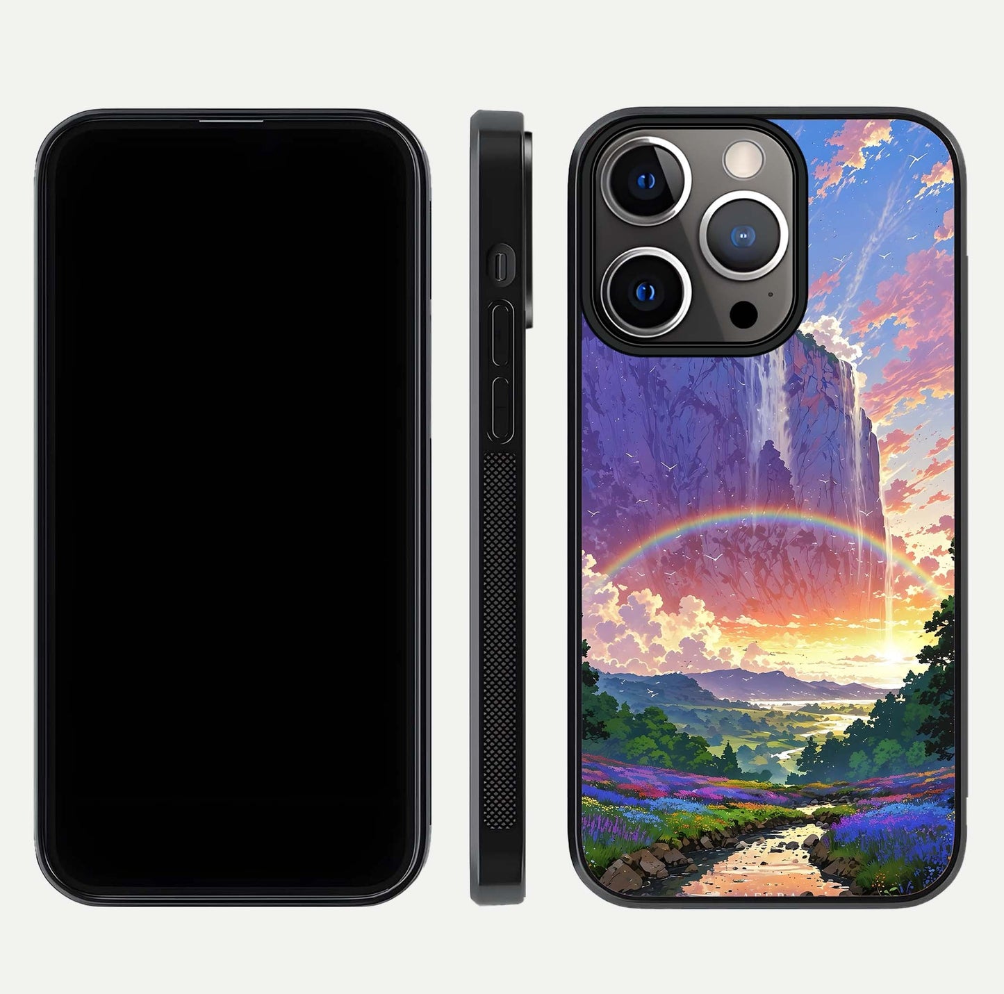 Rainbow Valley Dream Glass Case for iPhone 16 Pro front & back layout showing smooth color blend and curved edge