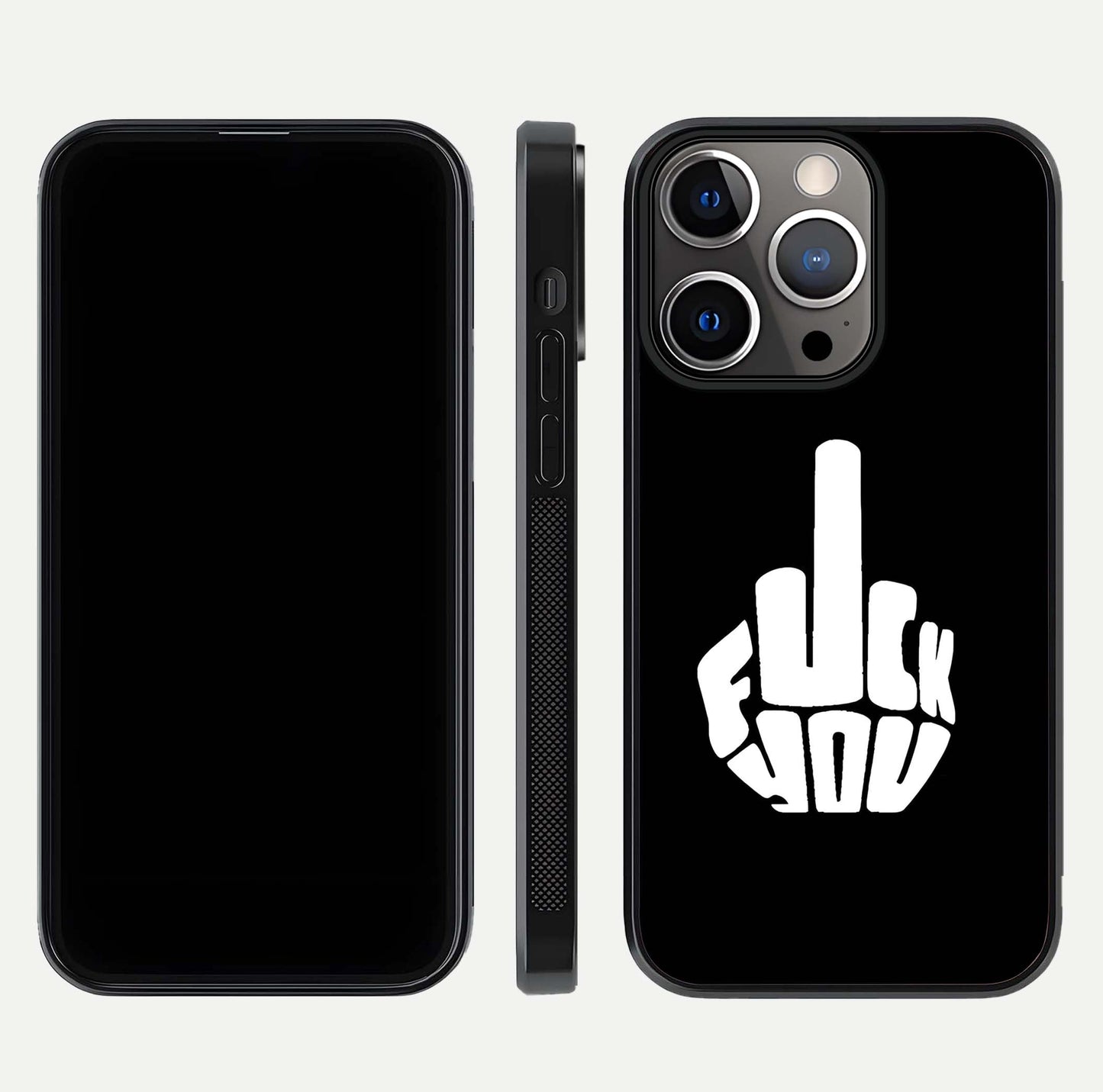 Rebel Mode On Glass Case for iPhone 13 Pro front & back layout showing minimal tone and clean edge fit