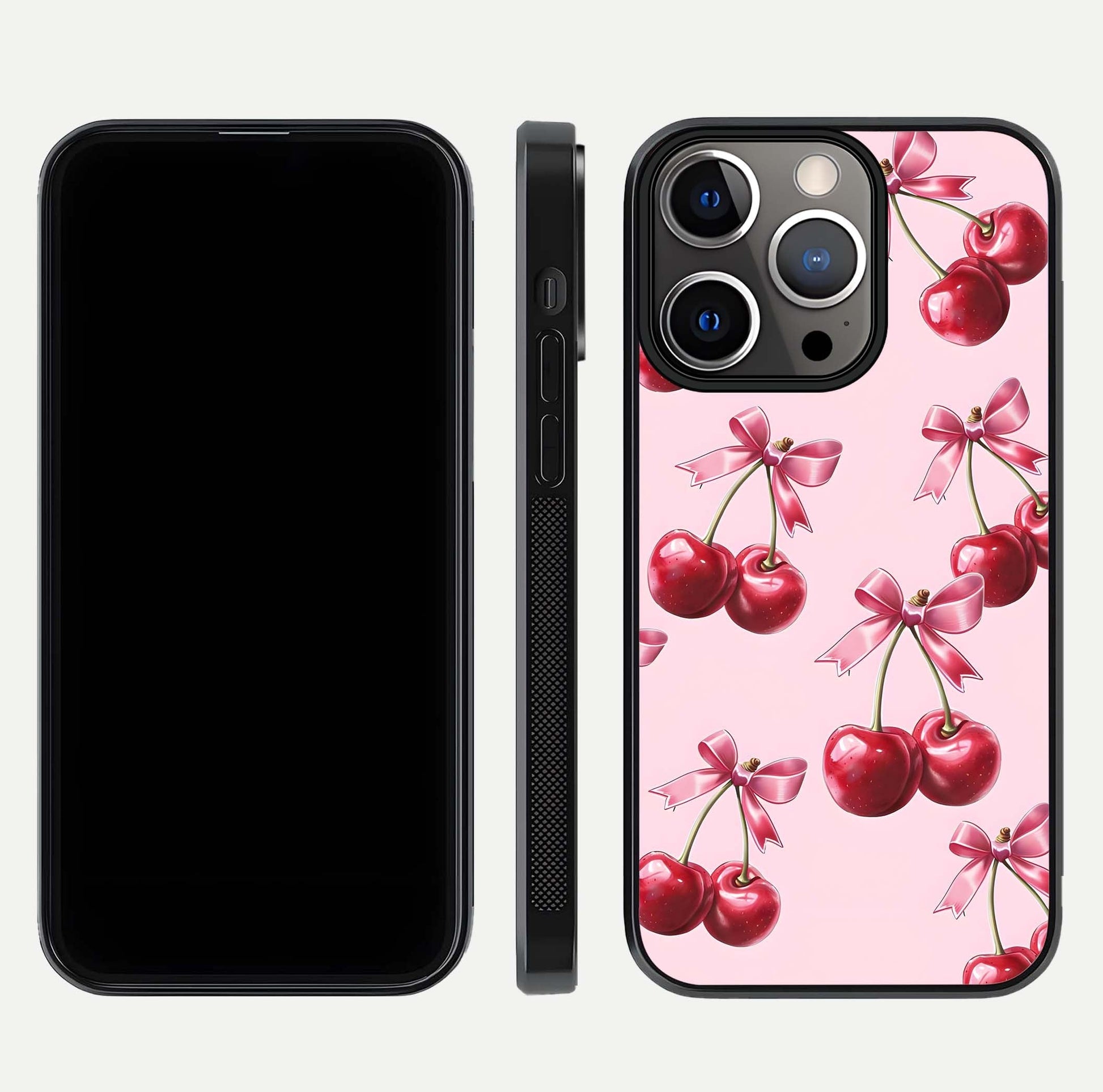 Red Cherries Pattern Glass Case for iPhone 13 Pro front & back layout highlighting vibrant fruit print and edges