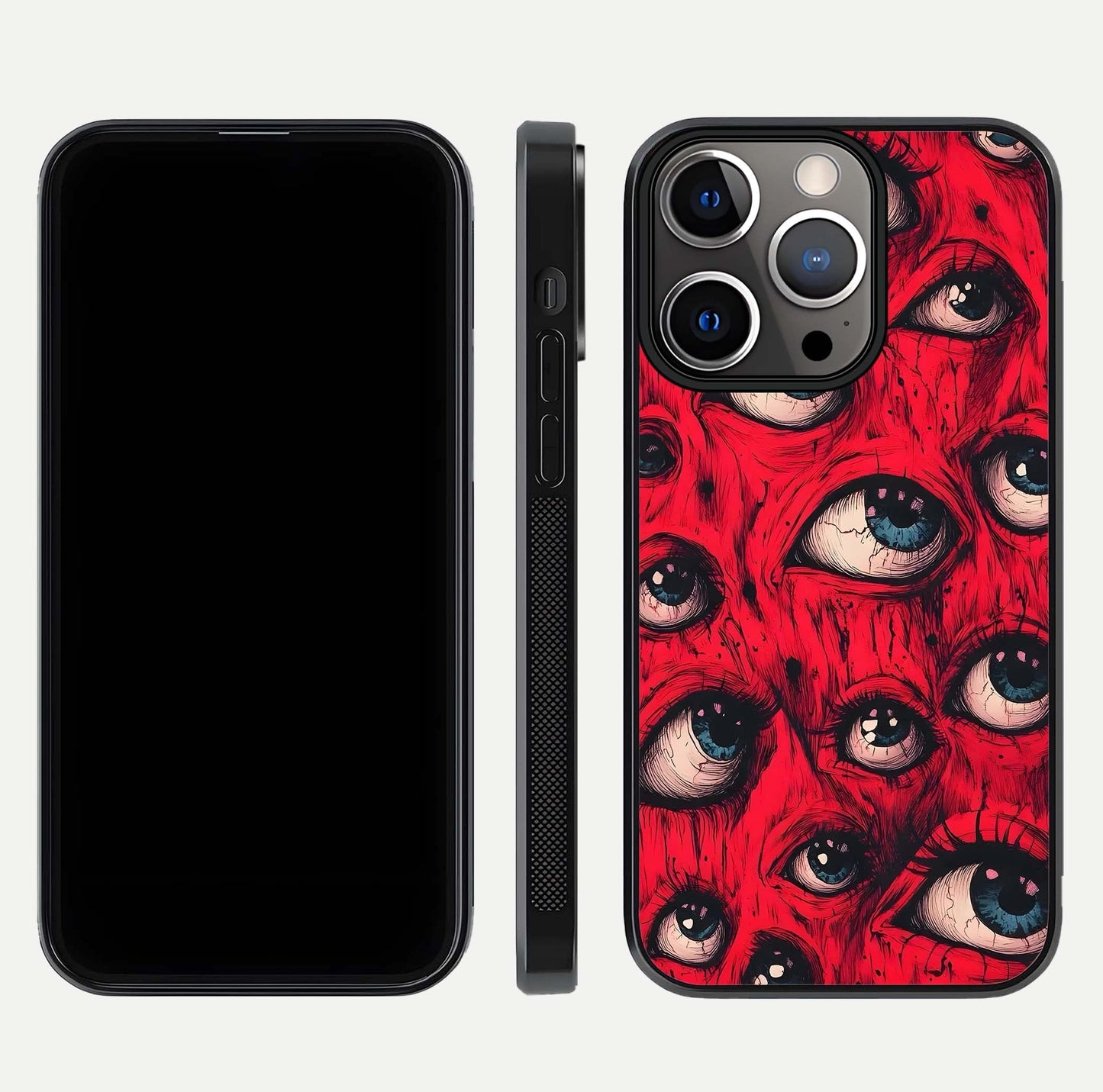 Red Eyes Pattern Glass Case for iPhone 13 Pro front & back layout showing sharp edge finish and design depth