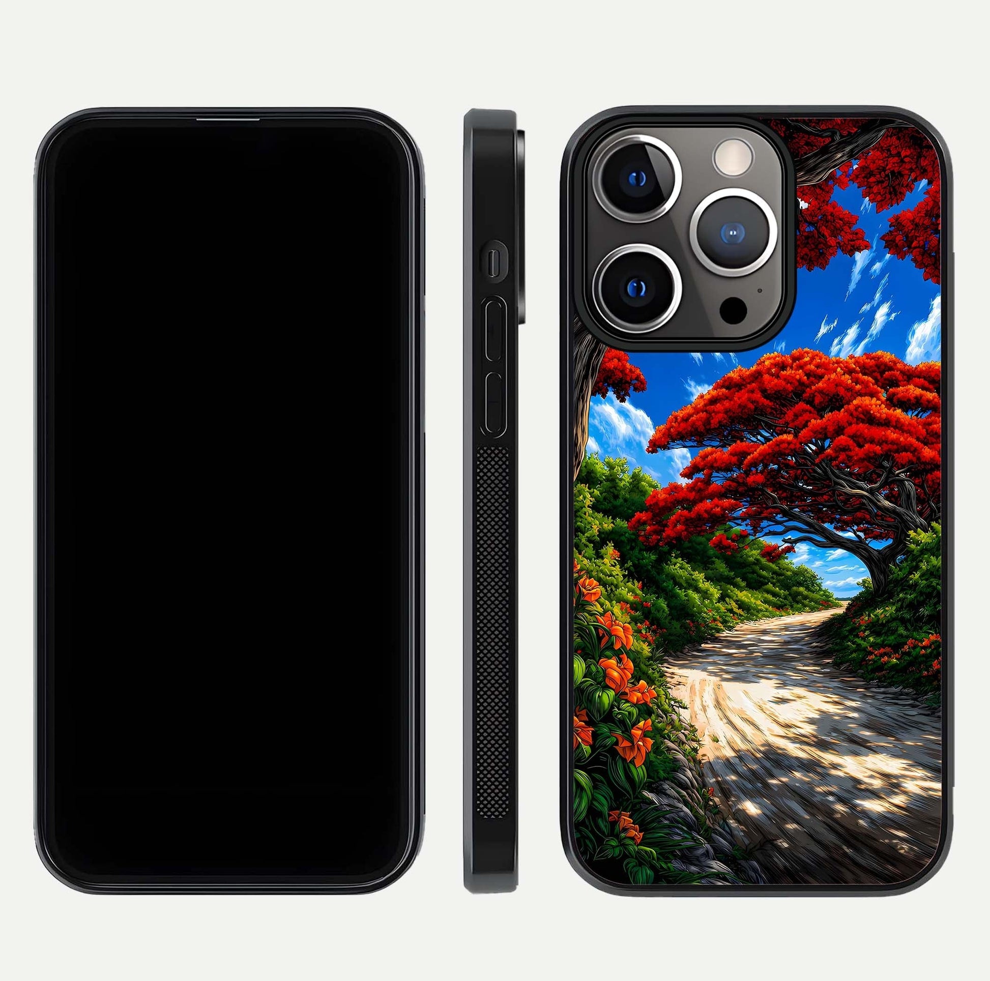 Red Trees Pathway Glass Case for iPhone 13 Pro front & back layout showing scenic tone blend and edges