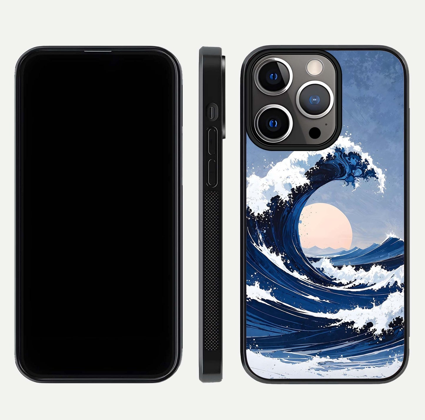 Rising Tide Power Glass Case for iPhone 13 Pro front & back layout showing ocean design and smooth glass edge