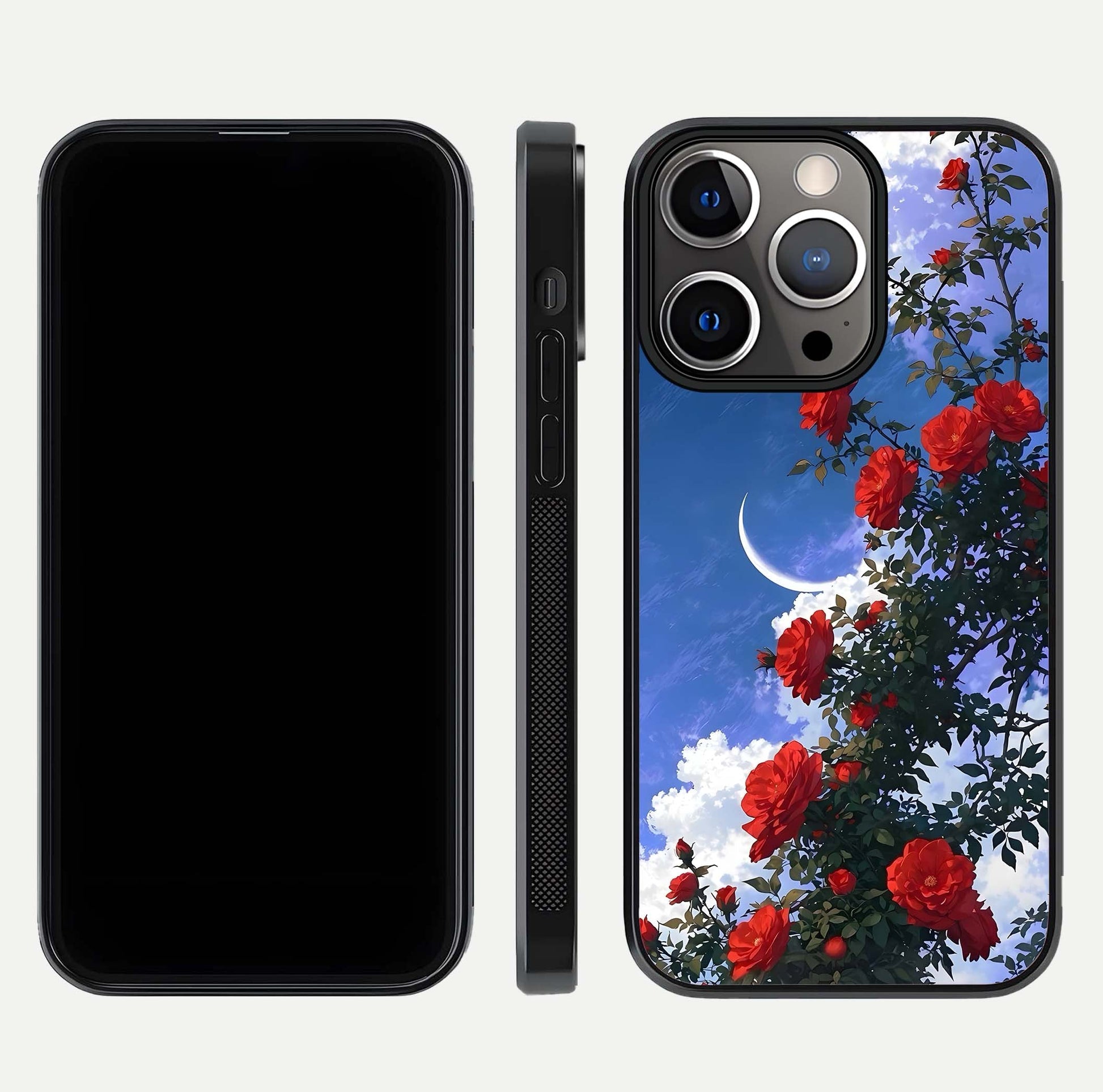 Rose Drift Flowers Glass Case for iPhone 13 Pro front & back layout showing rose gradient tones and edges