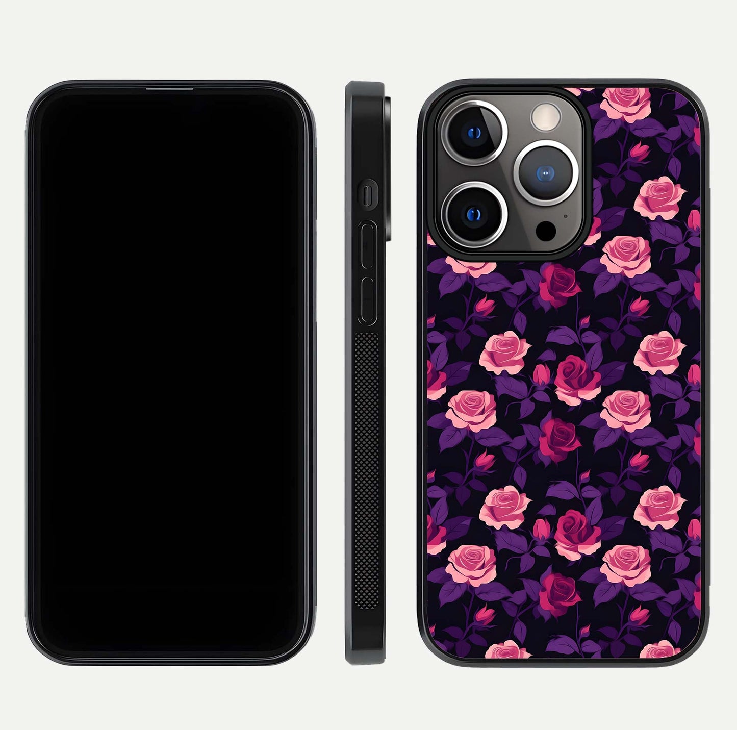 Rose Garden Twilight Glass Case for iPhone 13 Pro front & back layout showing rich twilight tones and edges