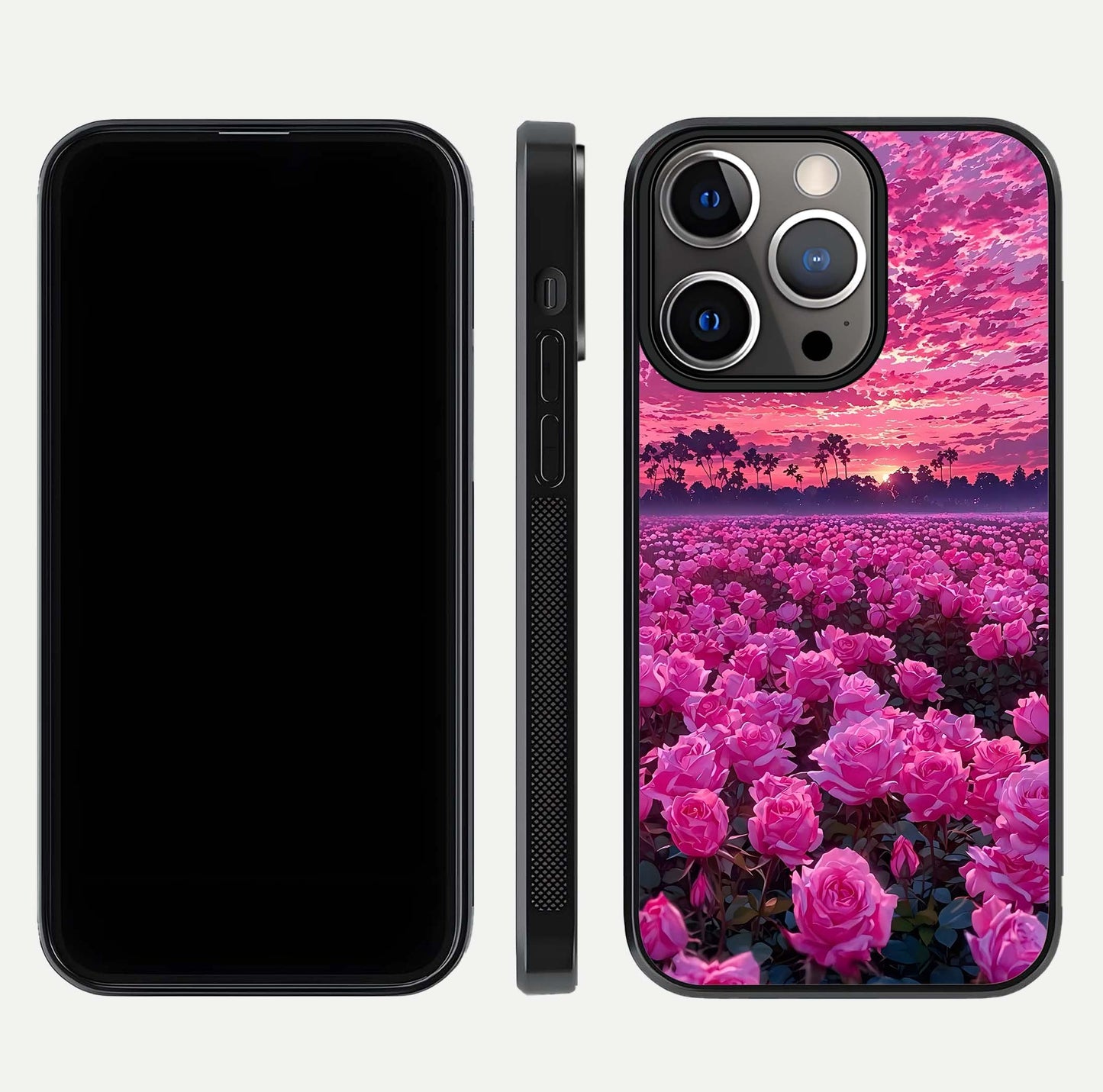 Rose Sunset Valley Glass Case for iPhone 13 Pro front & back layout highlighting gradient tones and glass shine