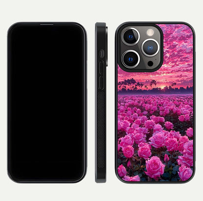 Rose Sunset Valley Glass Case for iPhone 13 Pro front & back layout highlighting gradient tones and glass shine
