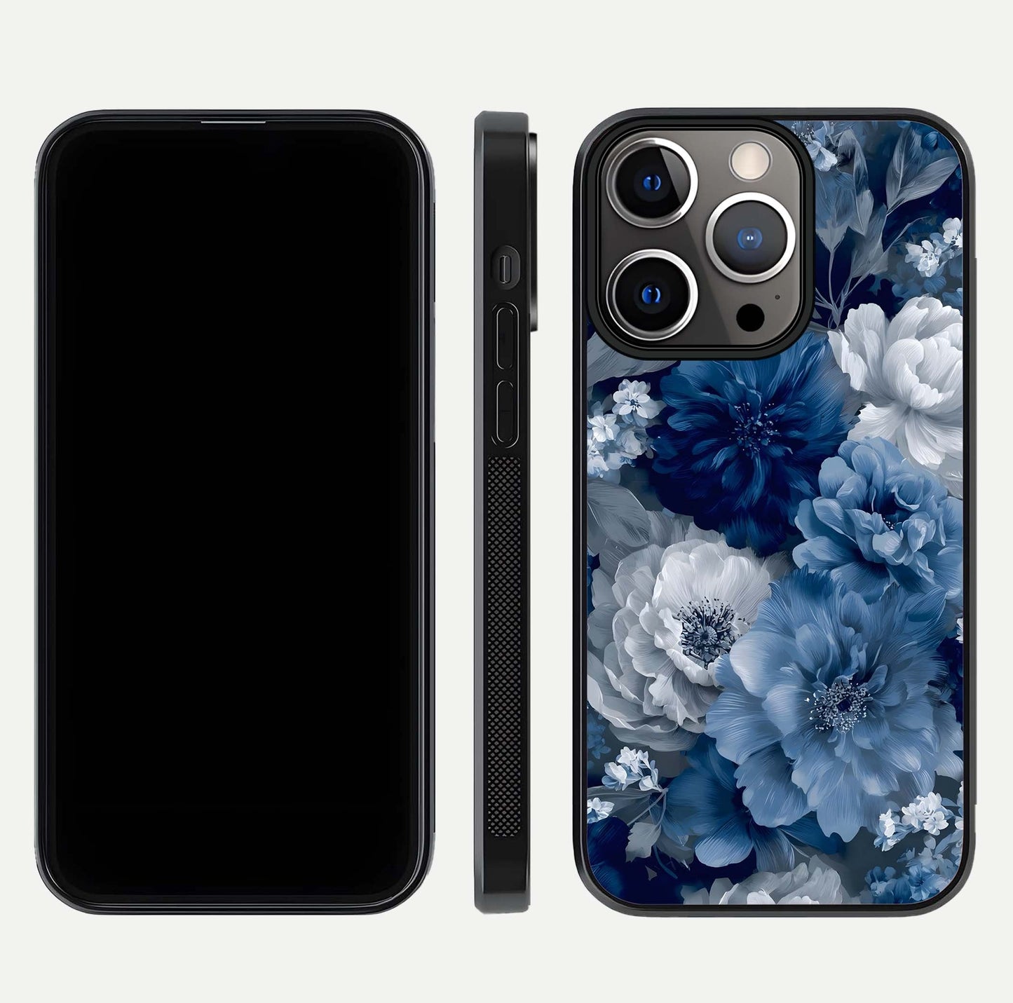 Royal Bloom Garden Glass Case for iPhone 13 Pro front & back layout showing soft tones and curved glass design