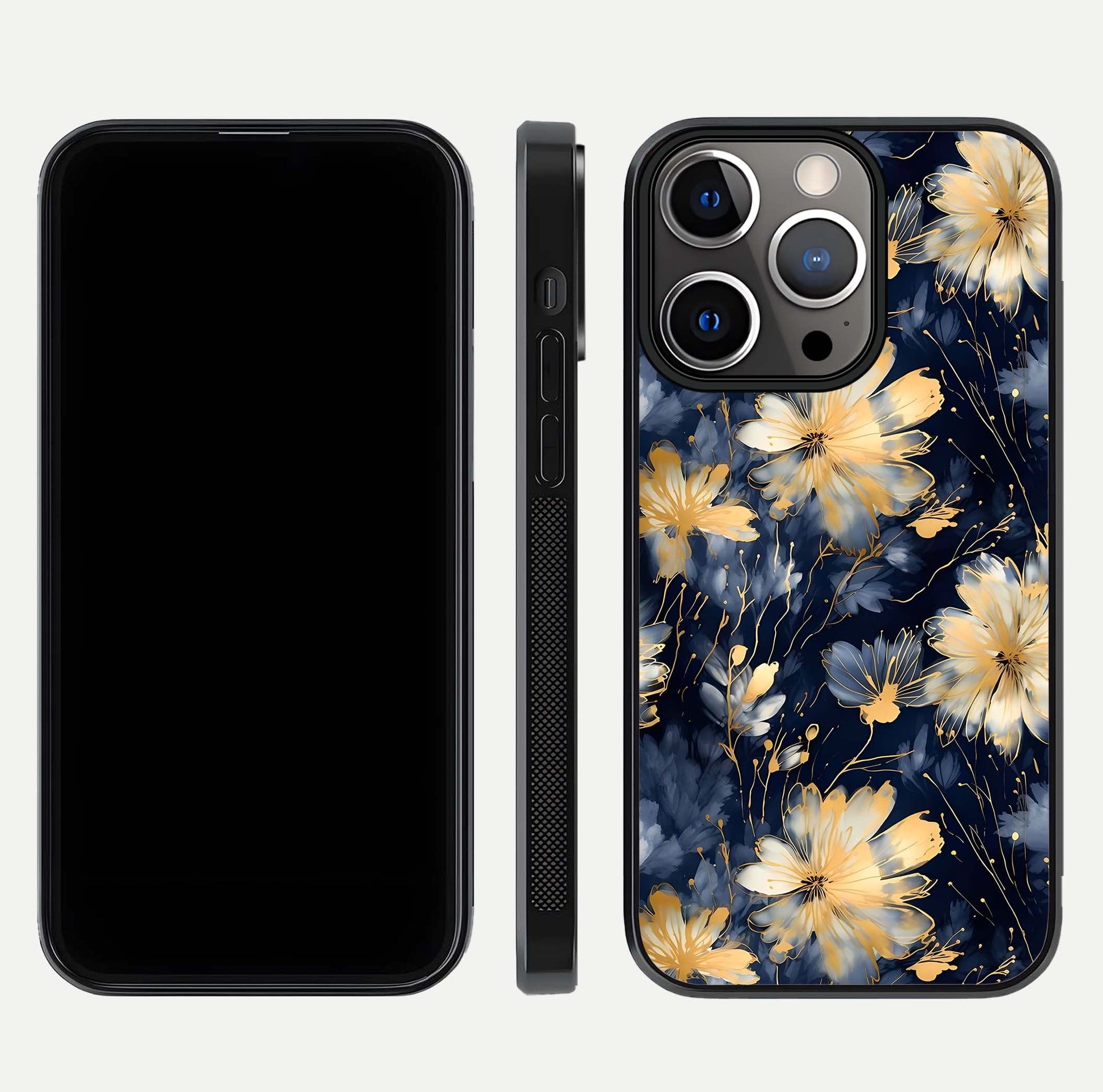 Royal Petal Dream Glass Case for iPhone 13 Pro front & back layout showing floral pattern and clean edge finish