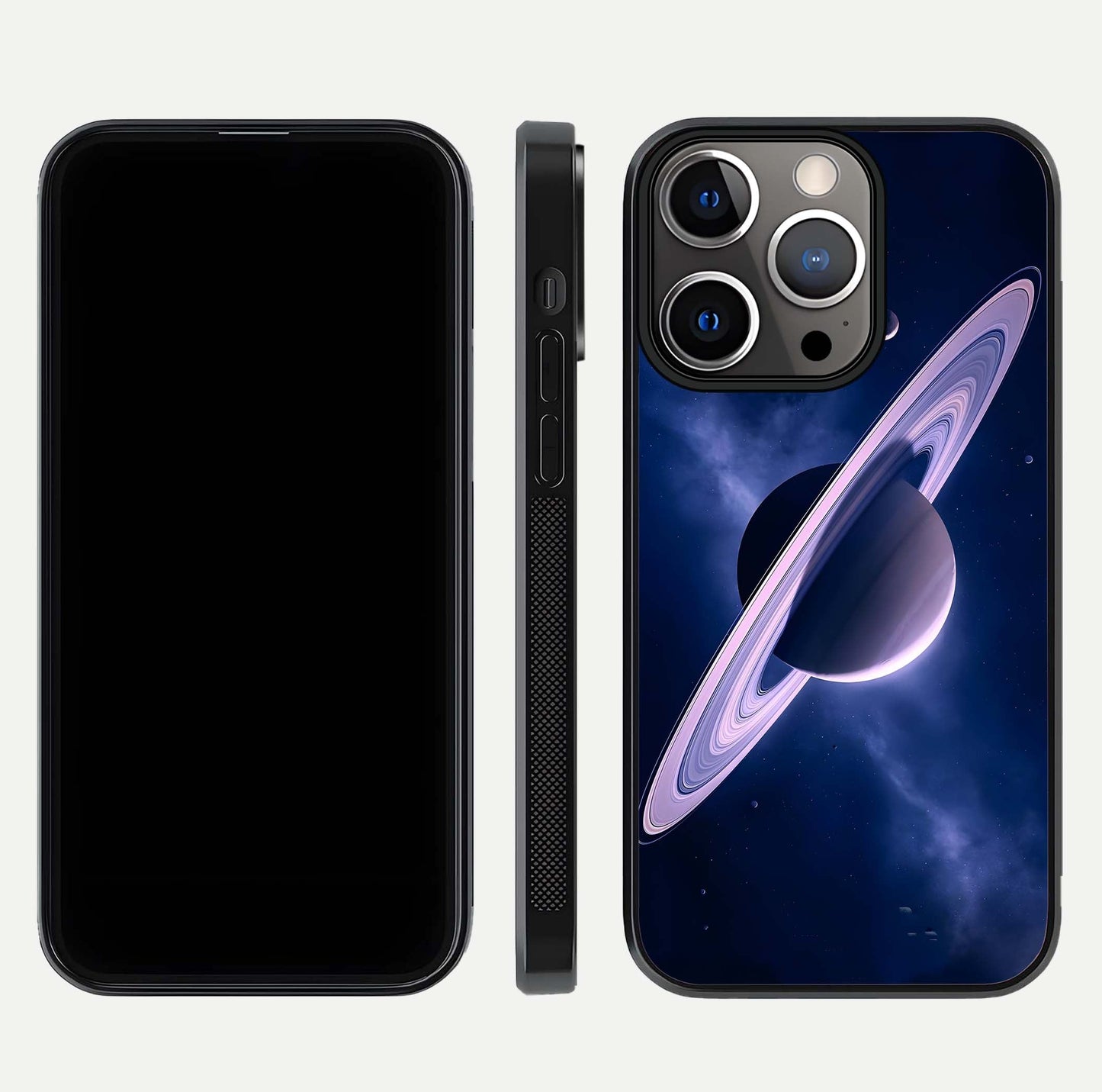 Saturn Ring Mystique Glass Case for iPhone 13 Pro front & back layout showing cosmic tones and edge glow
