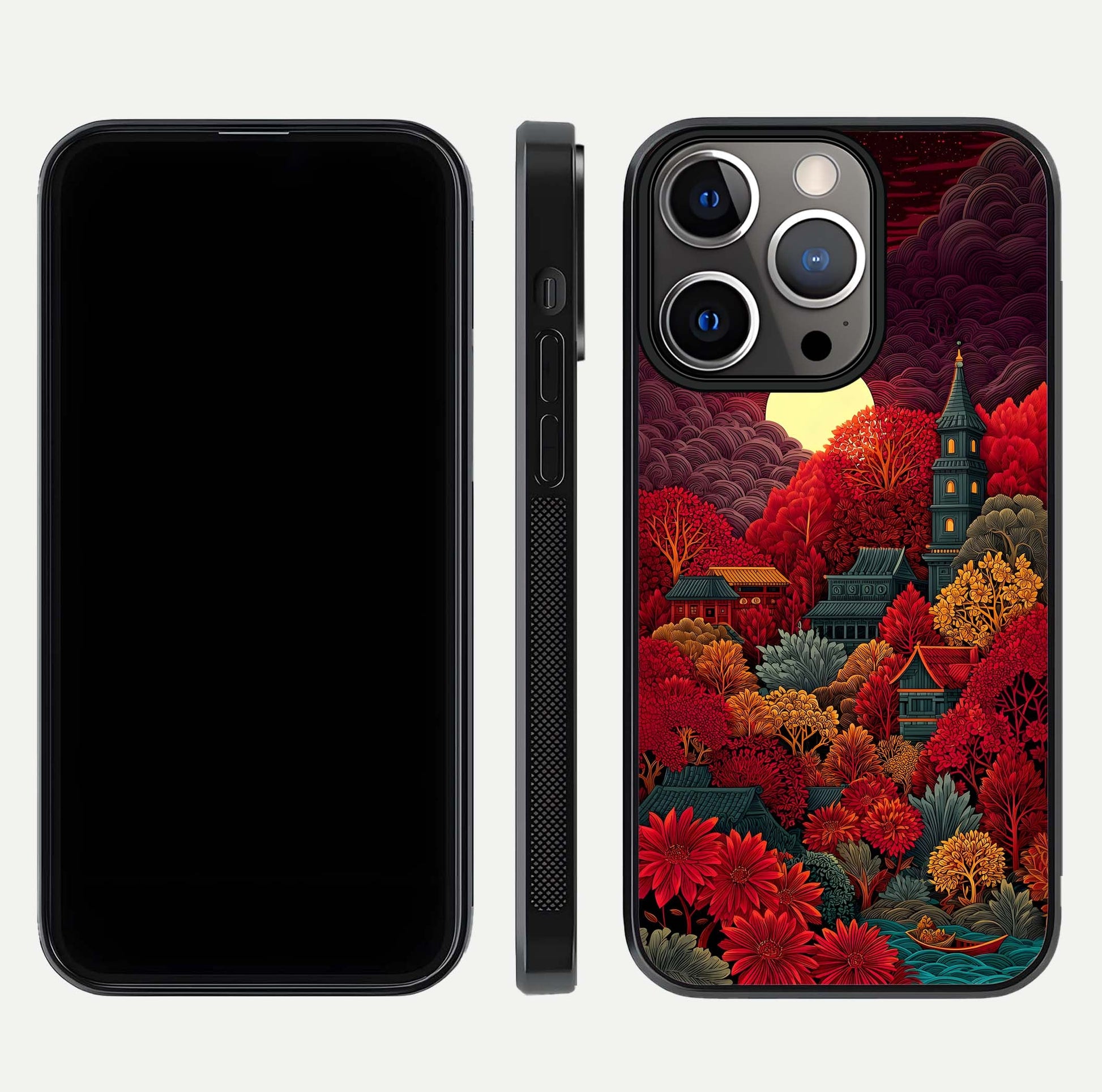 Scarlet Autumn Temple Glass Case for iPhone 13 Pro front & back layout showing scenic tones and curved edges