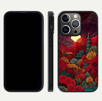 Scarlet Autumn Temple Glass Case for iPhone 13 Pro front & back layout showing scenic tones and curved edges
