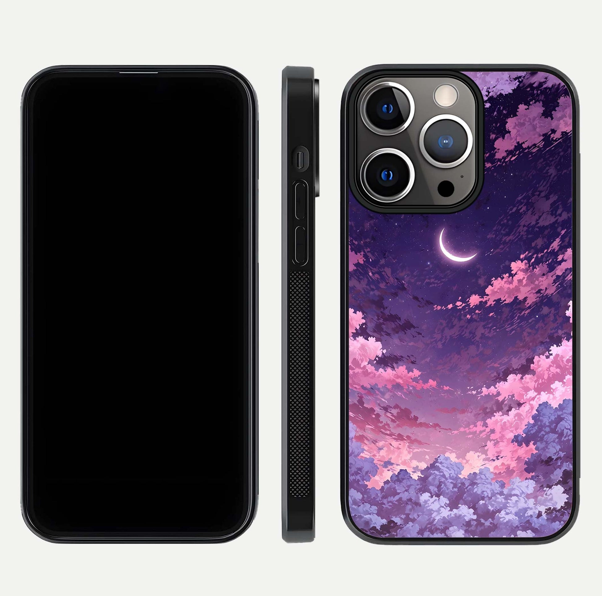 Sky Drift Clouds Glass Case for iPhone 13 Pro front & back layout showing sky tones and smooth edge design