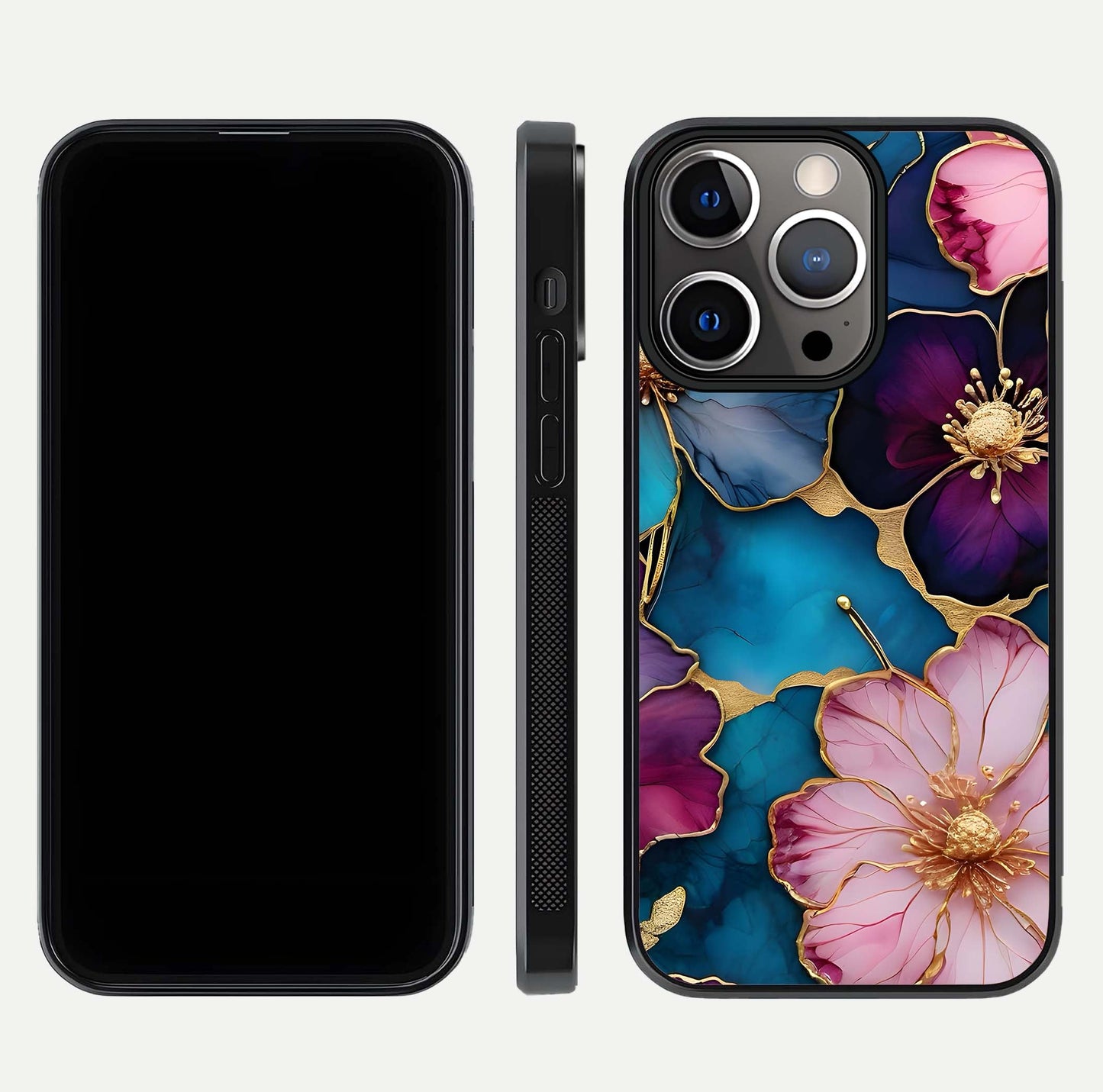 Sparkle Floral Glass Case for iPhone 13 Pro front & back layout showing floral print and edge clarity