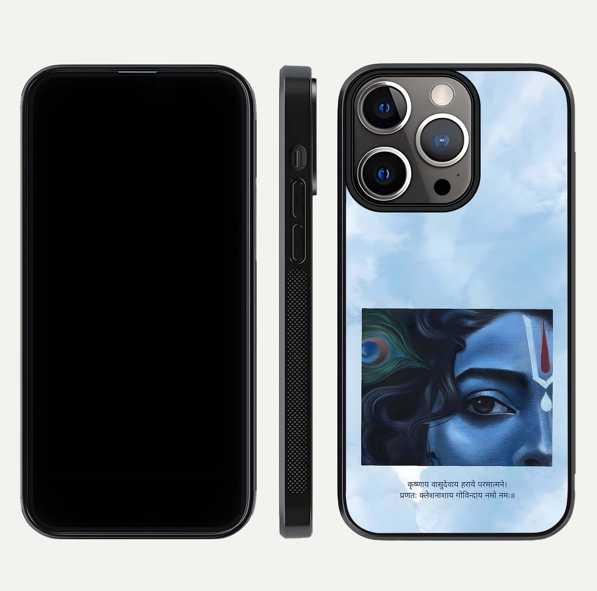 Spiritual Krishna Glass Case for iPhone 16 Pro front & back layout showing spiritual artwork and clean edge