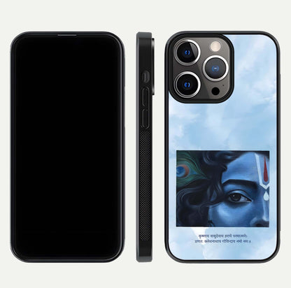 Spiritual Krishna Glass Case for iPhone 16 Pro front & back layout showing spiritual artwork and clean edge