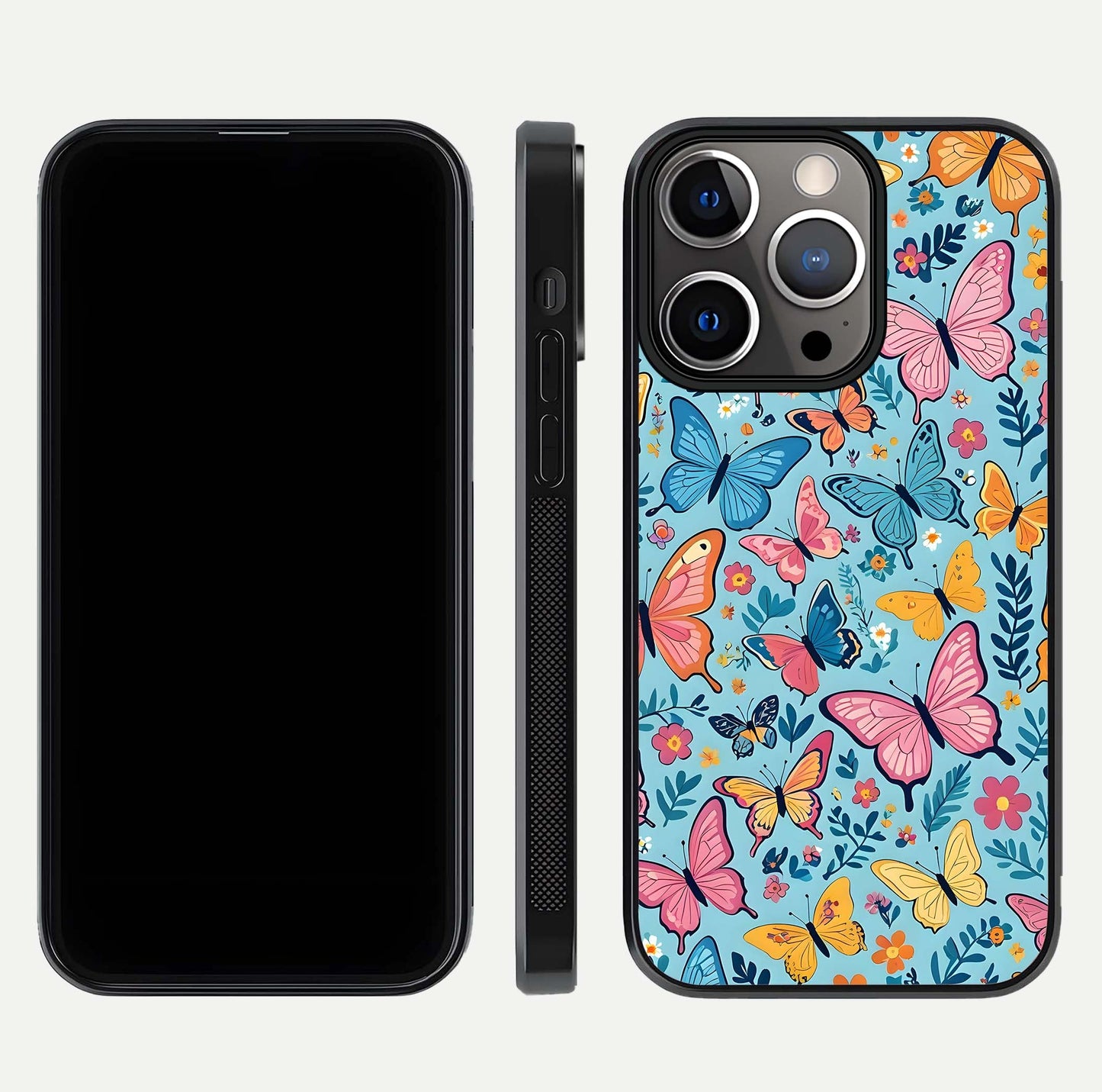 Spring Wing Garden Glass Case for iPhone 13 Pro front & back layout showing soft tones and elegant glass design