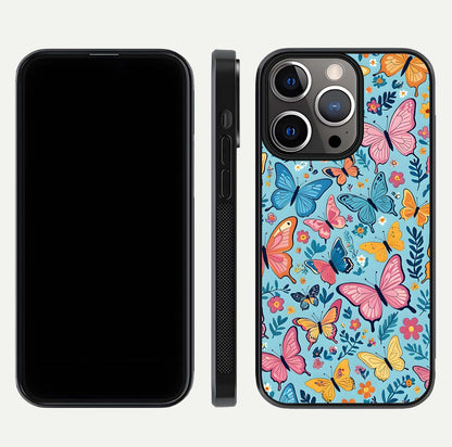 Spring Wing Garden Glass Case for iPhone 13 Pro front & back layout showing soft tones and elegant glass design