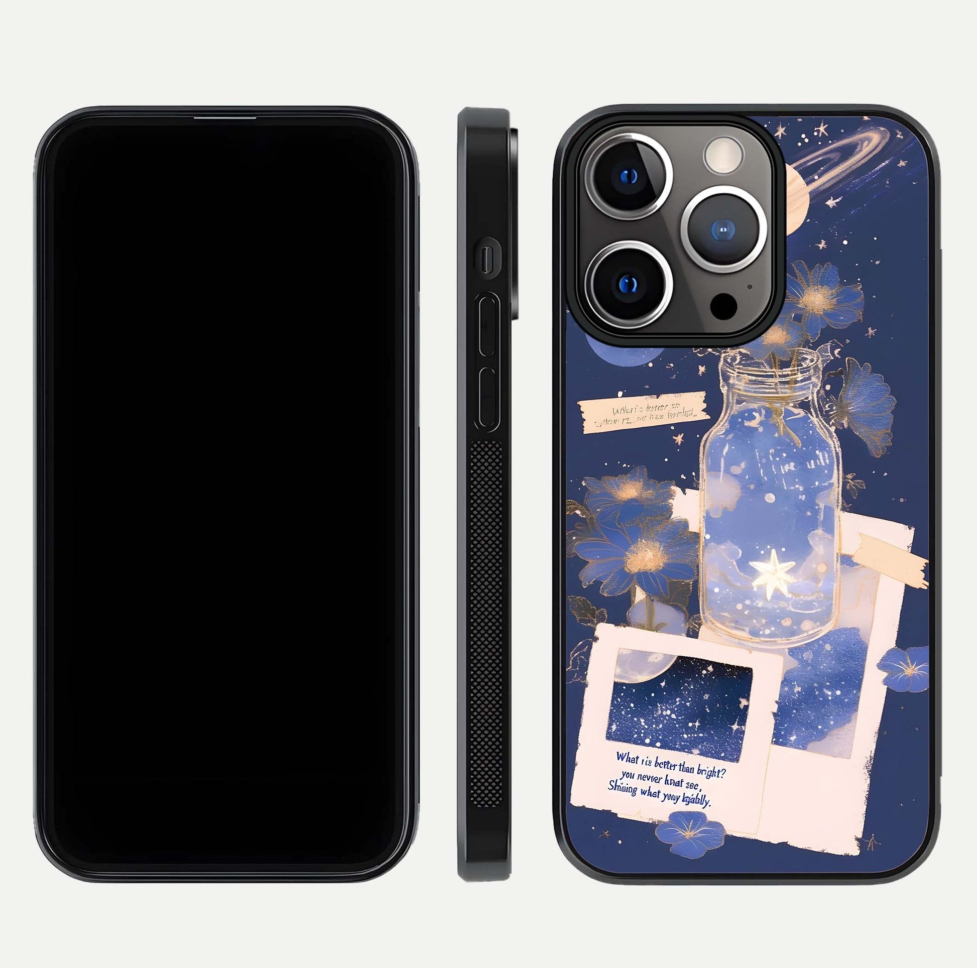 Starlit Cosmic Jar Glass Case for iPhone 13 Pro front & back layout showing cosmic pattern and curved glass edge