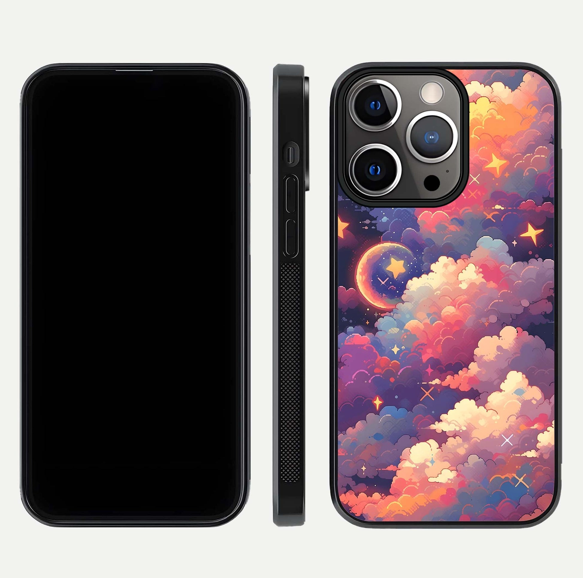 Starlit Dream Clouds Glass Case for iPhone 13 Pro front & back layout showing gradient tones and smooth edge
