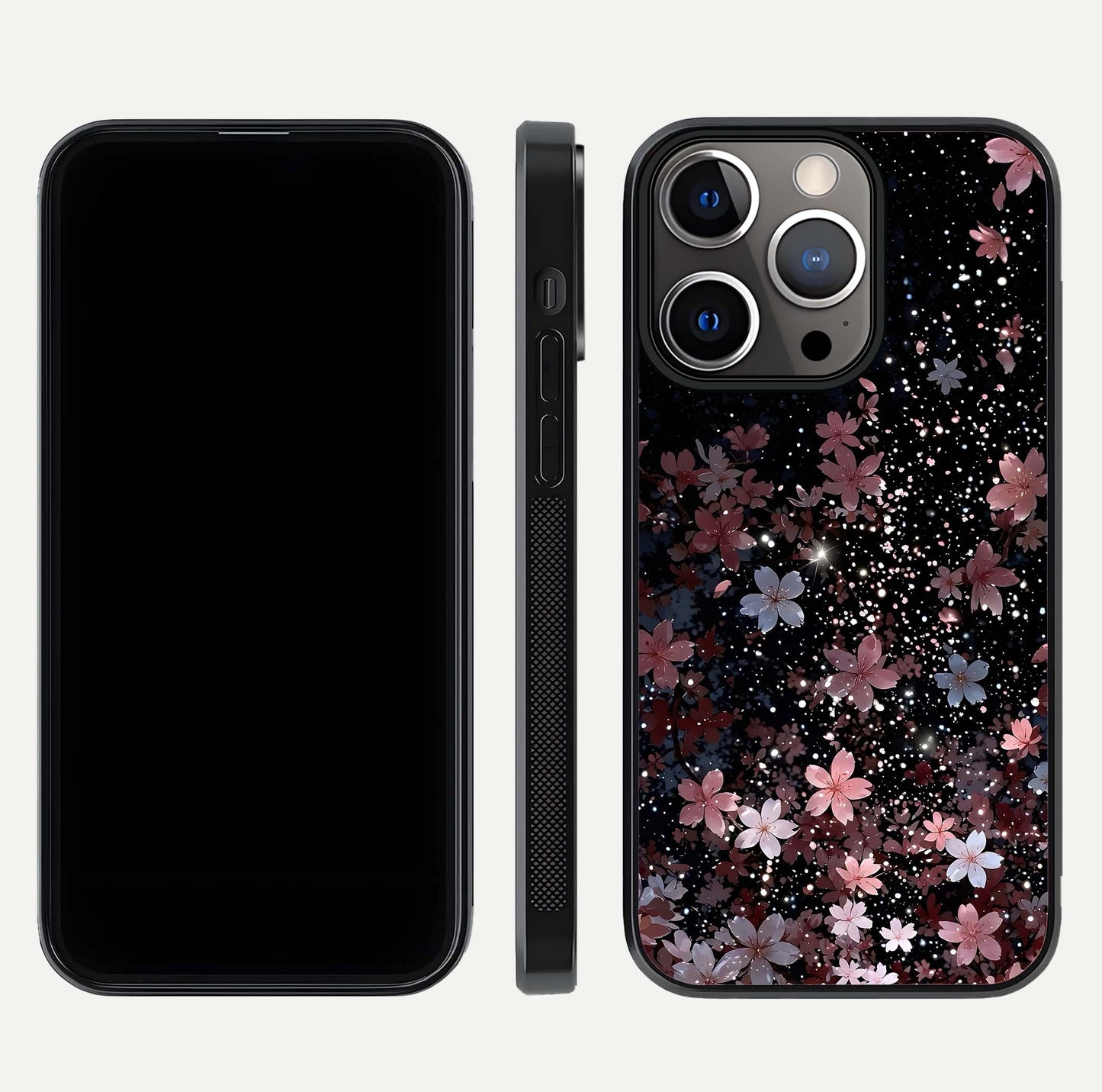 Starlit Flower Dreams Glass Case for iPhone 13 Pro front & back layout showing soft bloom design and curved edge