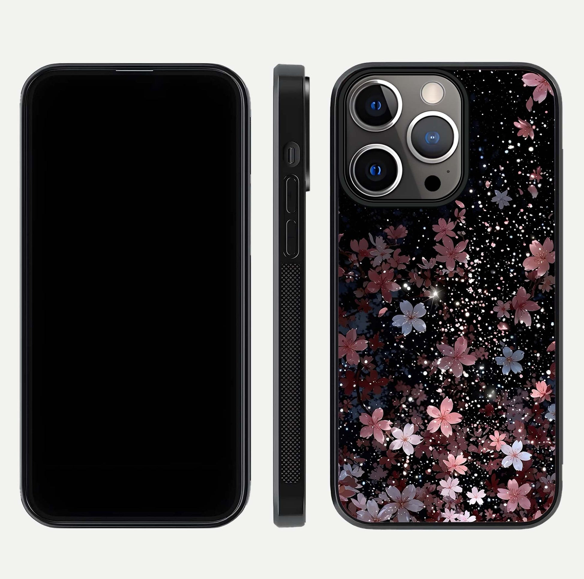 Starlit Flower Dreams Glass Case for iPhone 13 Pro front & back layout showing soft bloom design and curved edge