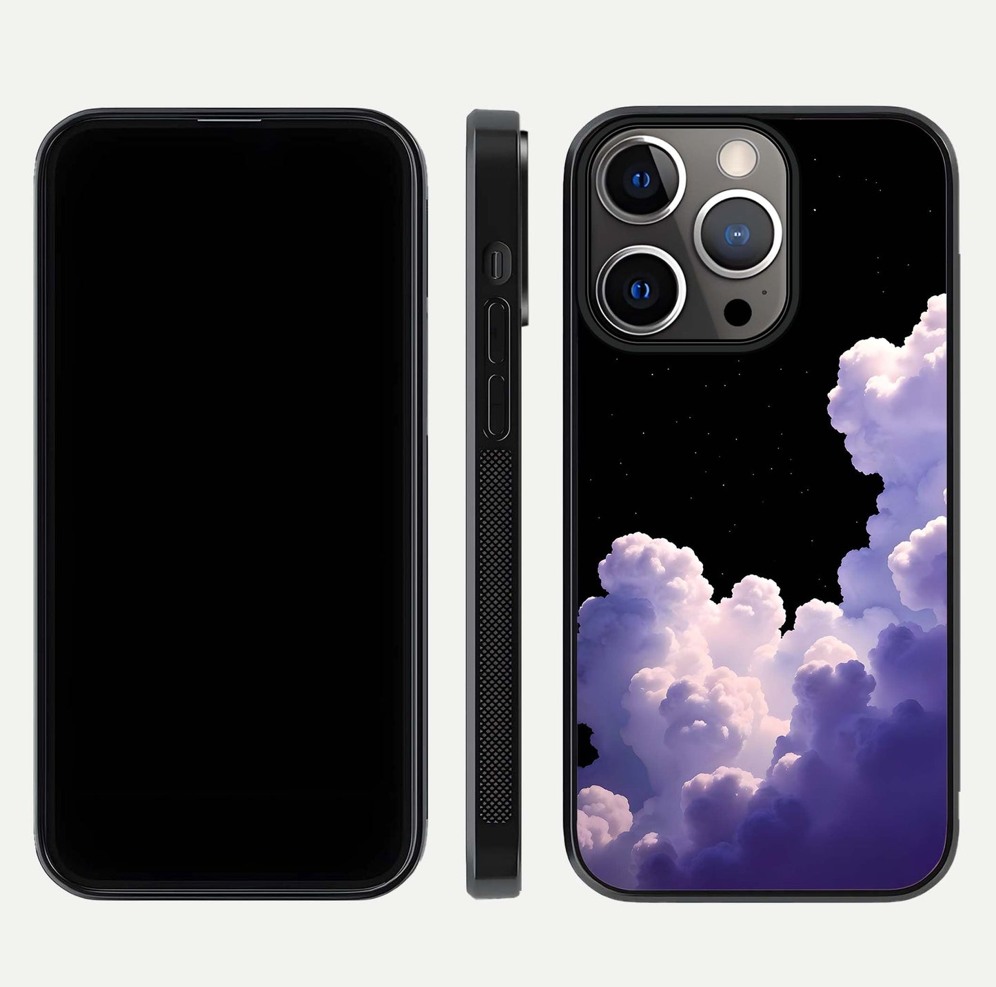 Starlit Night Whispers Glass Case for iPhone 13 Pro front & back layout showing moon tones and curved edges