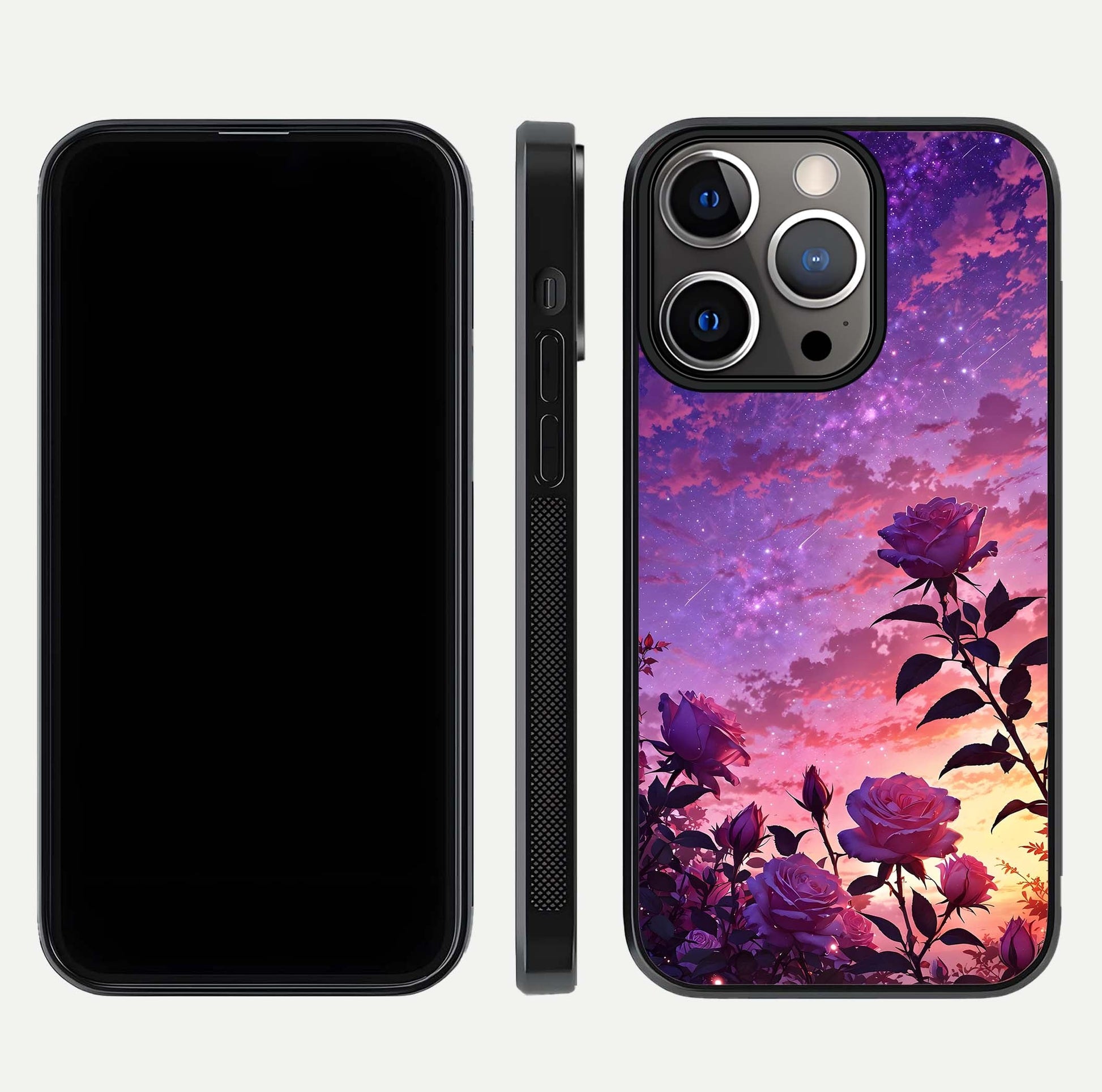 Starlit Rose Twilight Glass Case for iPhone 13 Pro front & back layout showing floral blend and glossy edge
