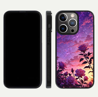 Starlit Rose Twilight Glass Case for iPhone 13 Pro front & back layout showing floral blend and glossy edge