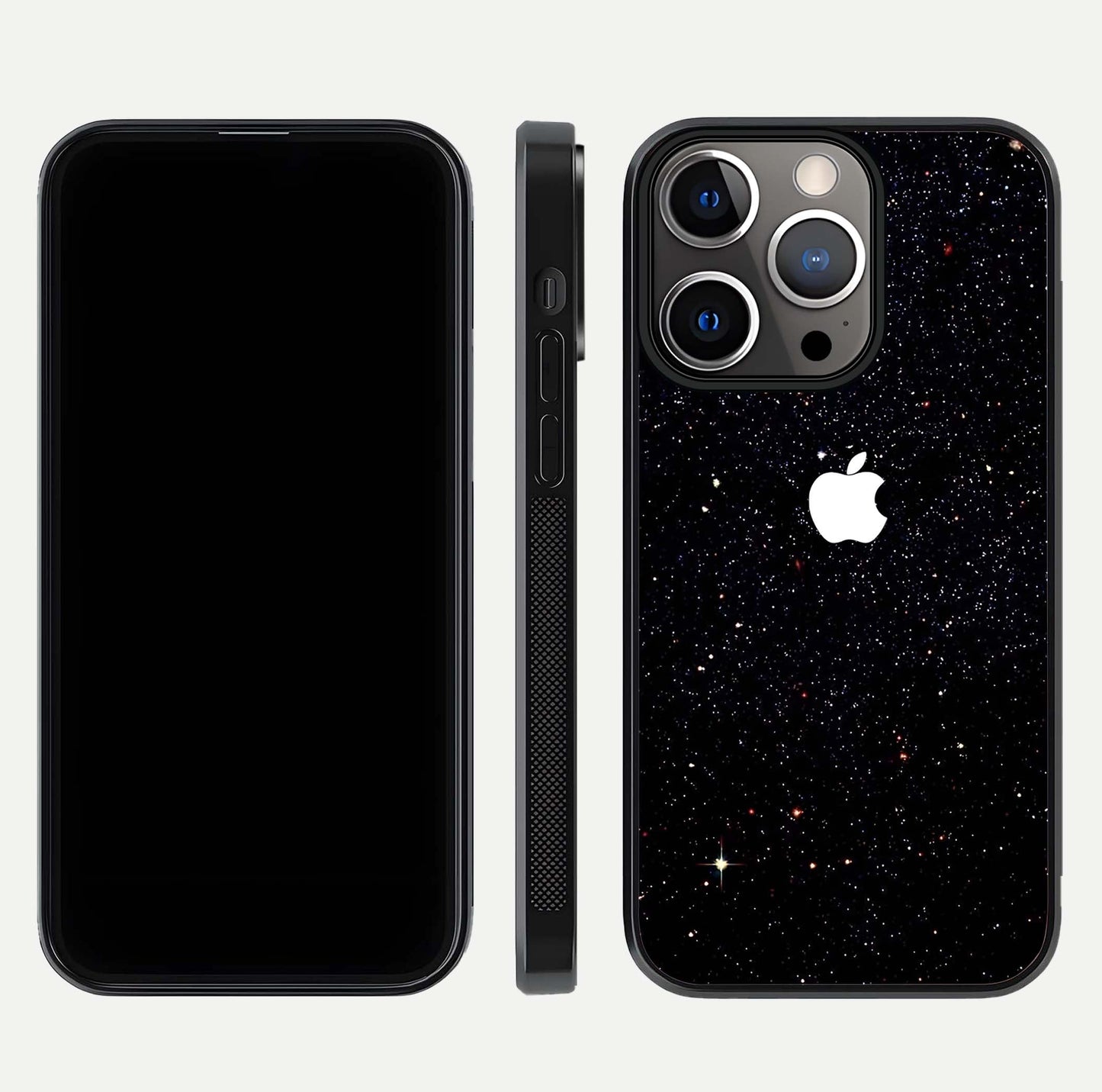 Starry Apple Galaxy Glass Case for iPhone 13 Pro front & back layout showing cosmic tones and sleek edge