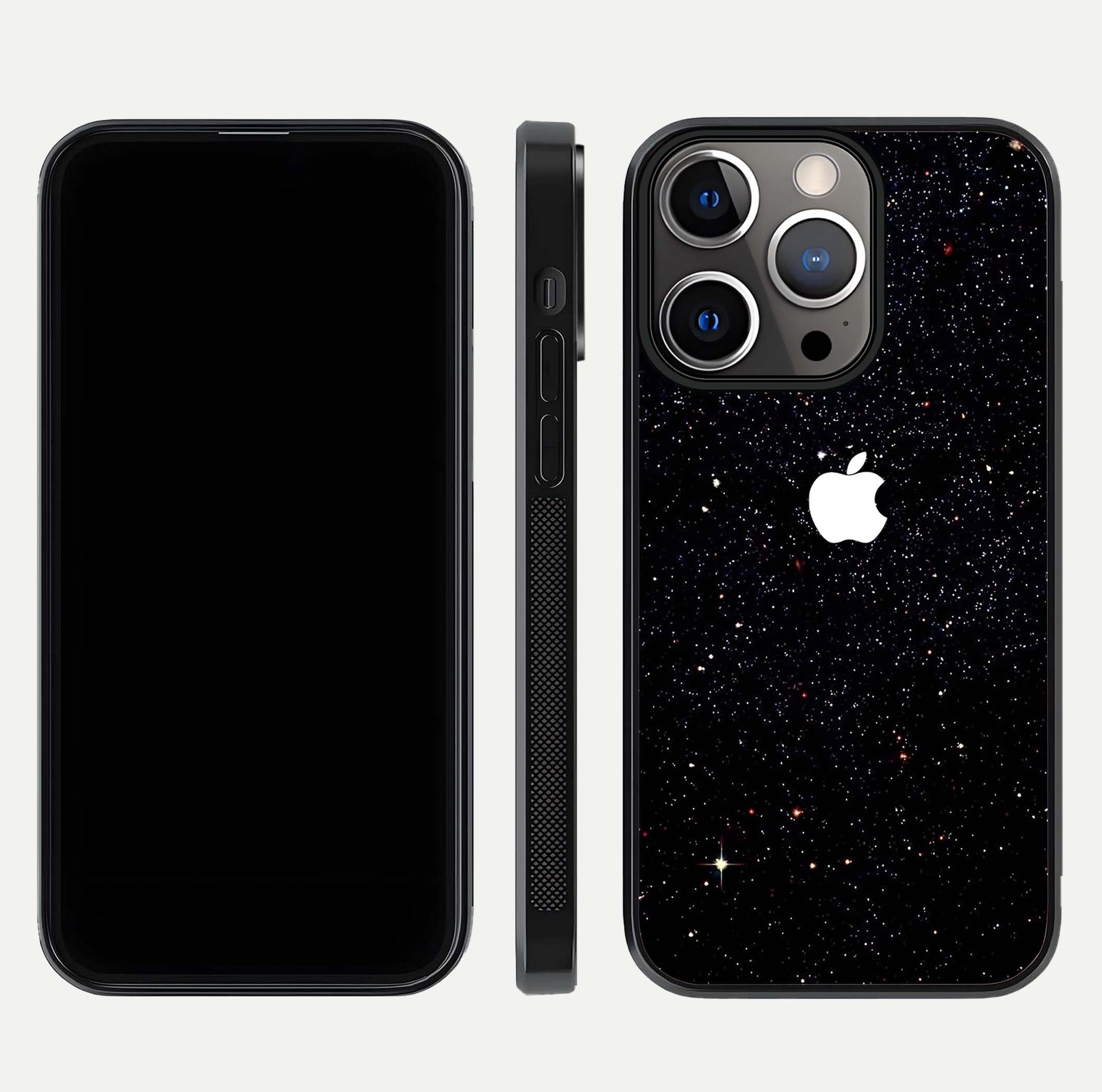 Starry Apple Galaxy Glass Case for iPhone 13 Pro front & back layout showing cosmic tones and sleek edge