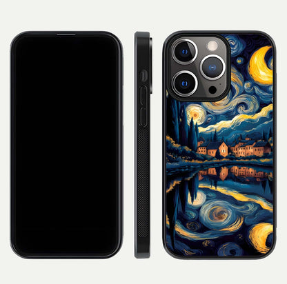 Starry Sky Serenity Glass Case for iPhone 13 Pro front & back layout showing stars and curved glass edges