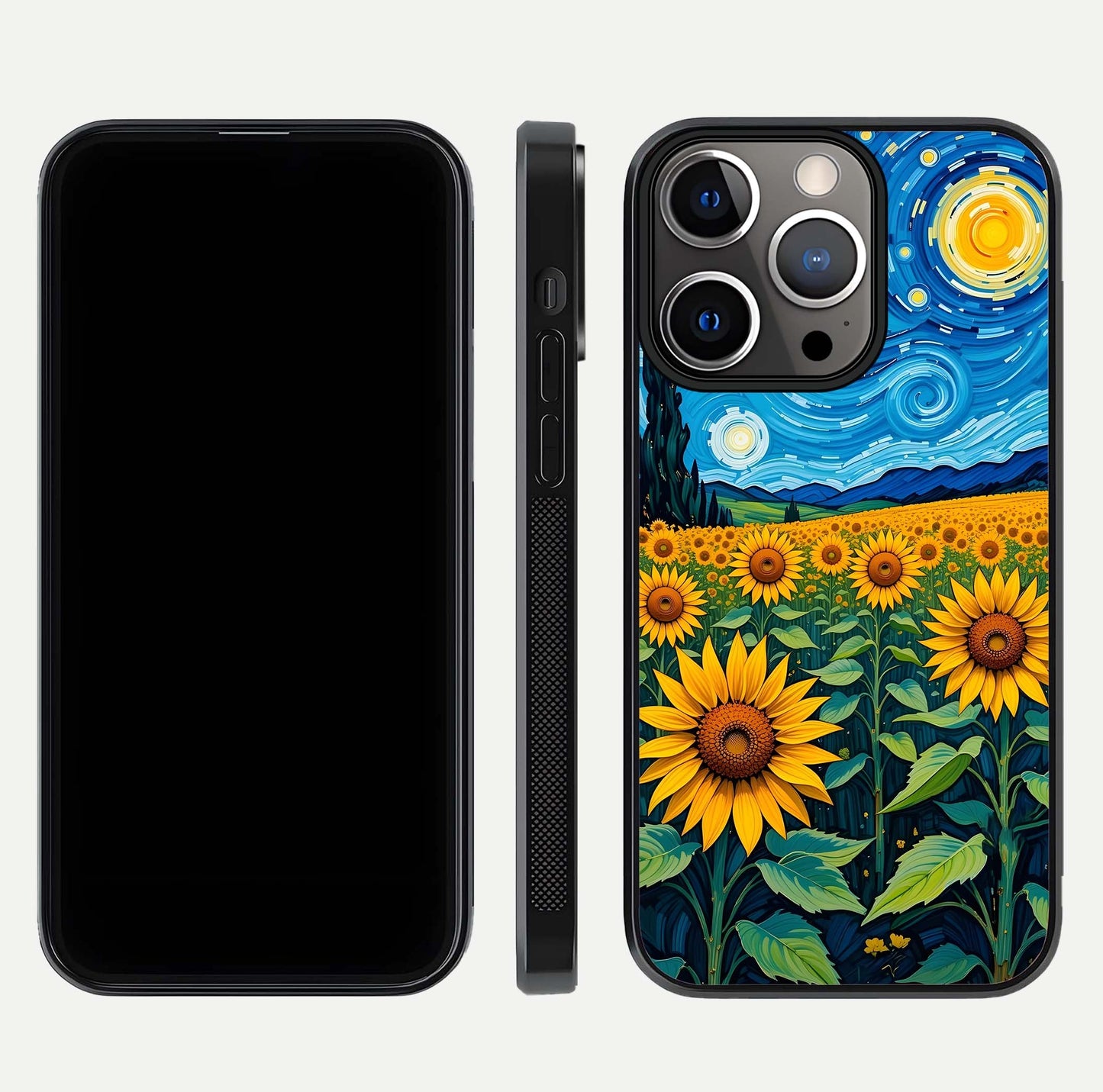 Starry Sunflower Dreams Glass Case for iPhone 13 Pro front & back layout showing floral blend and edge detail