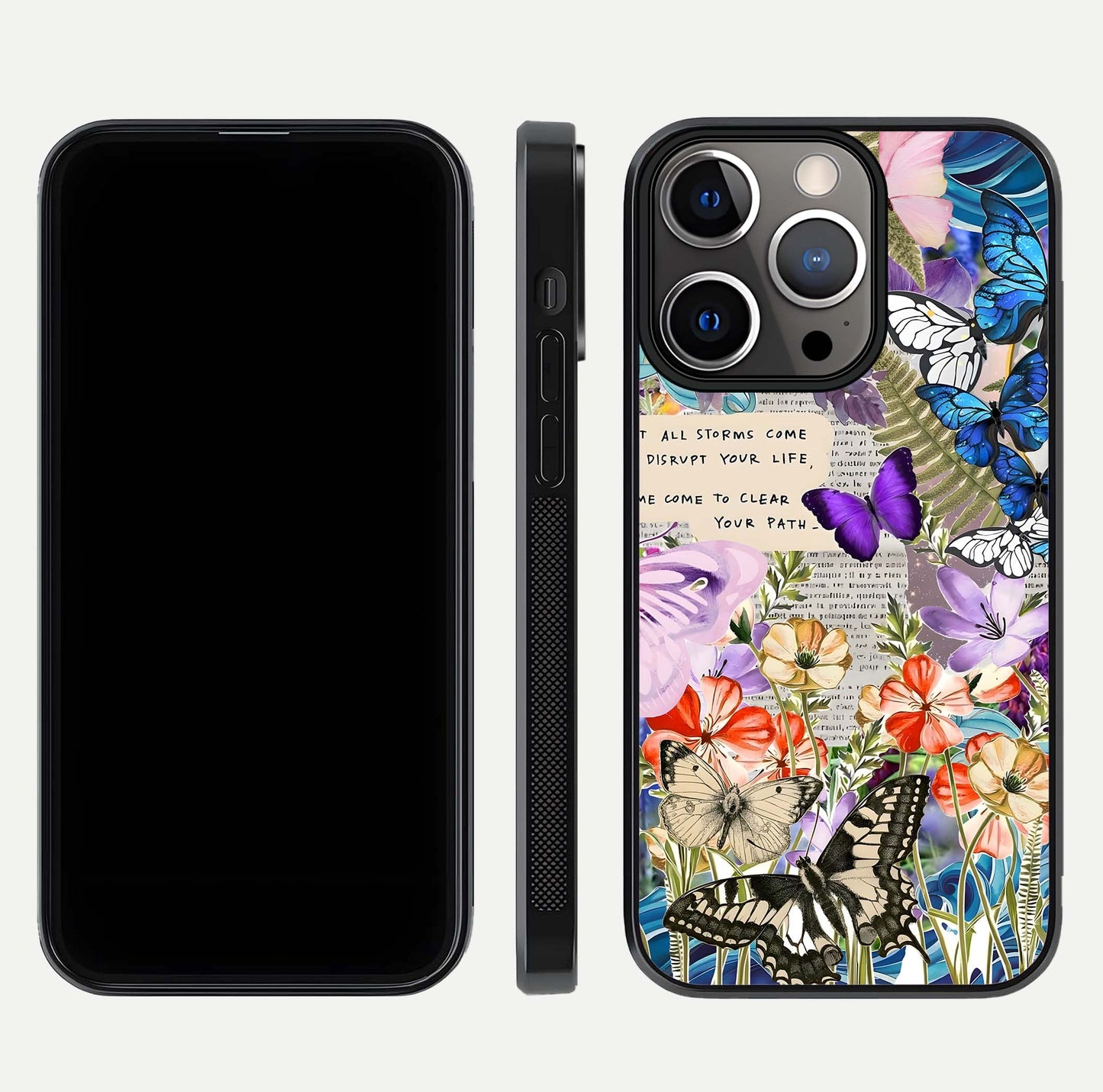 Storm Path Bloom Glass Case for iPhone 13 Pro front & back layout showing moody floral blend and edges