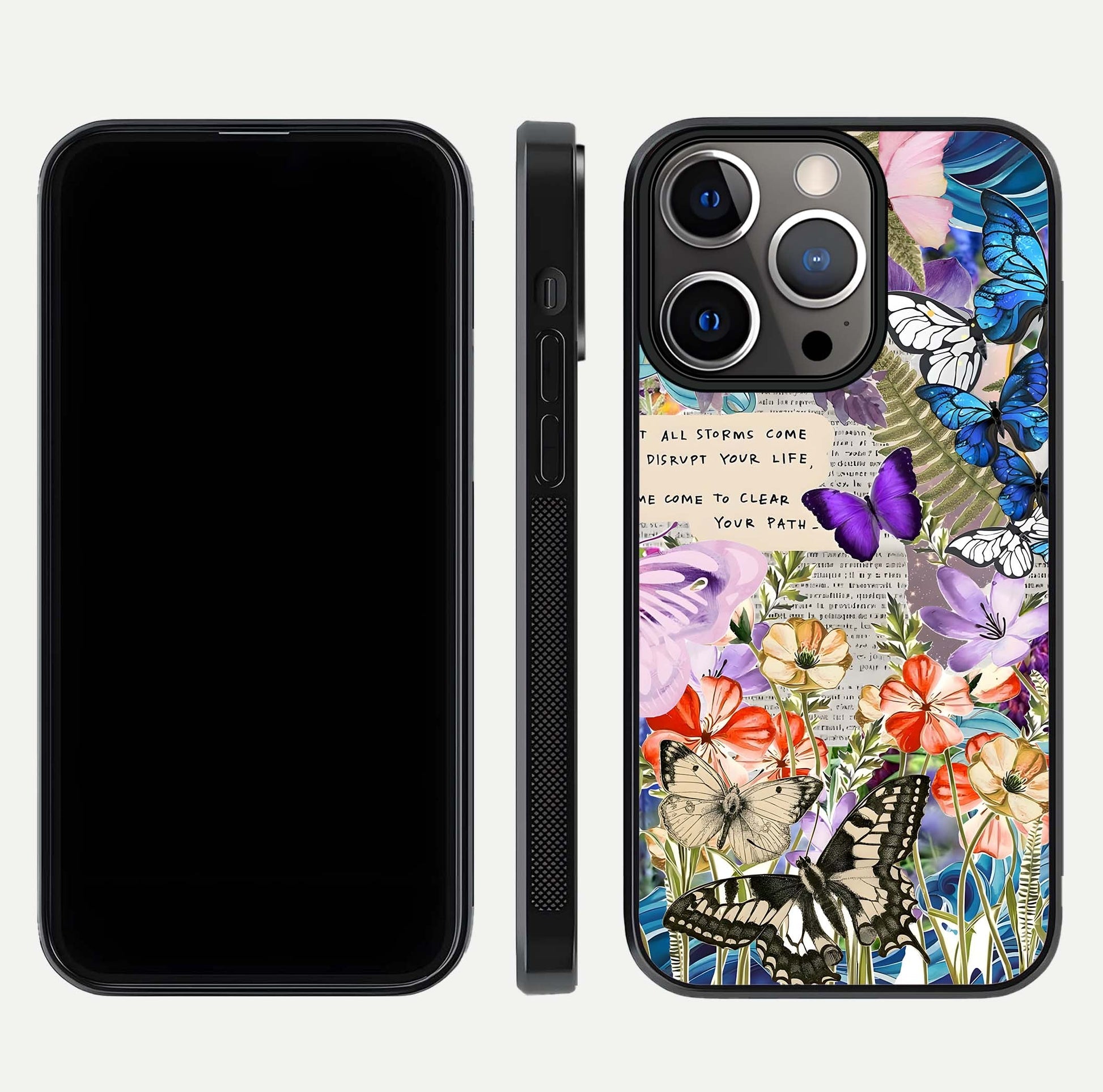 Storm Path Bloom Glass Case for iPhone 13 Pro front & back layout showing moody floral blend and edges