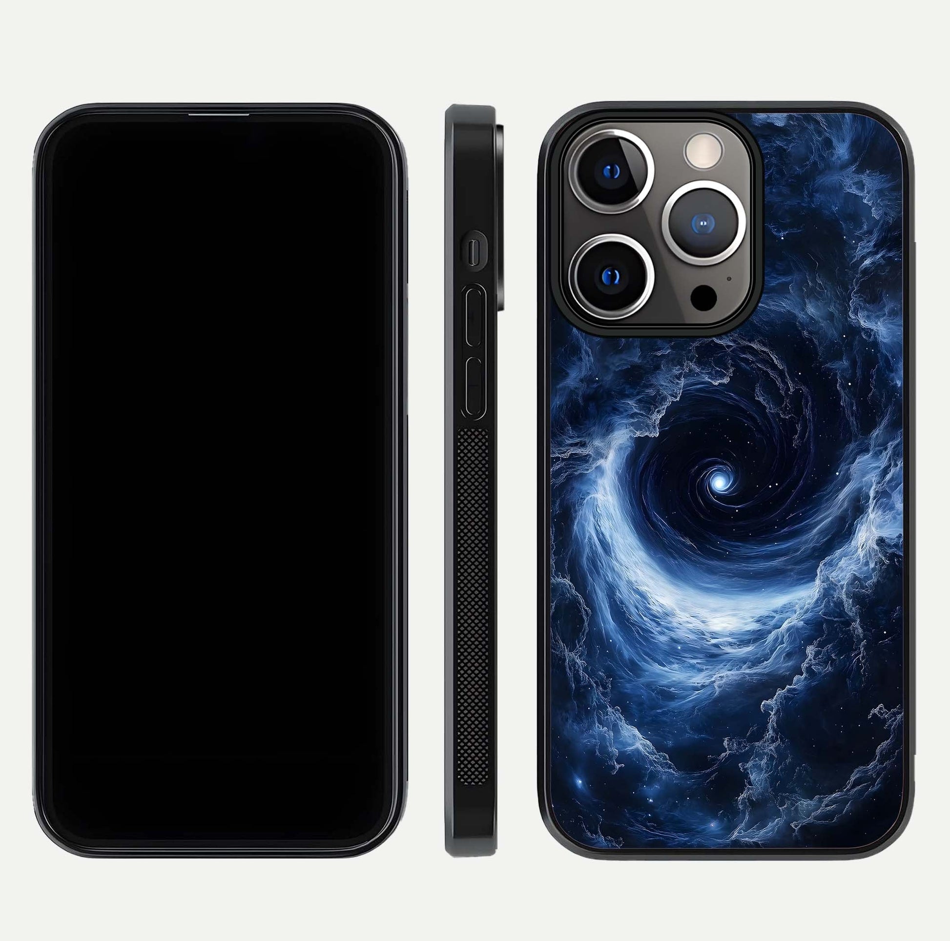Stunning Galaxy Glass Case for iPhone 13 Pro front & back layout showing deep cosmic hues and clean edges