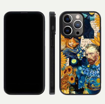 Sunflower Cat Art Glass Case for iPhone 13 Pro front & back layout showing detailed floral cat design and edges