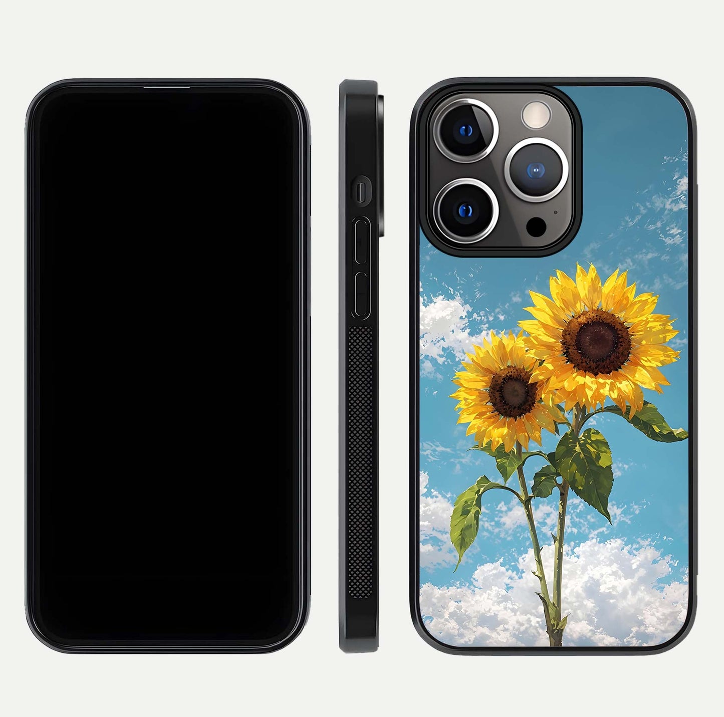 Sunflower Sky Bloom Glass Case for iPhone 13 Pro front & back layout showing soft blue tones and flower contrast