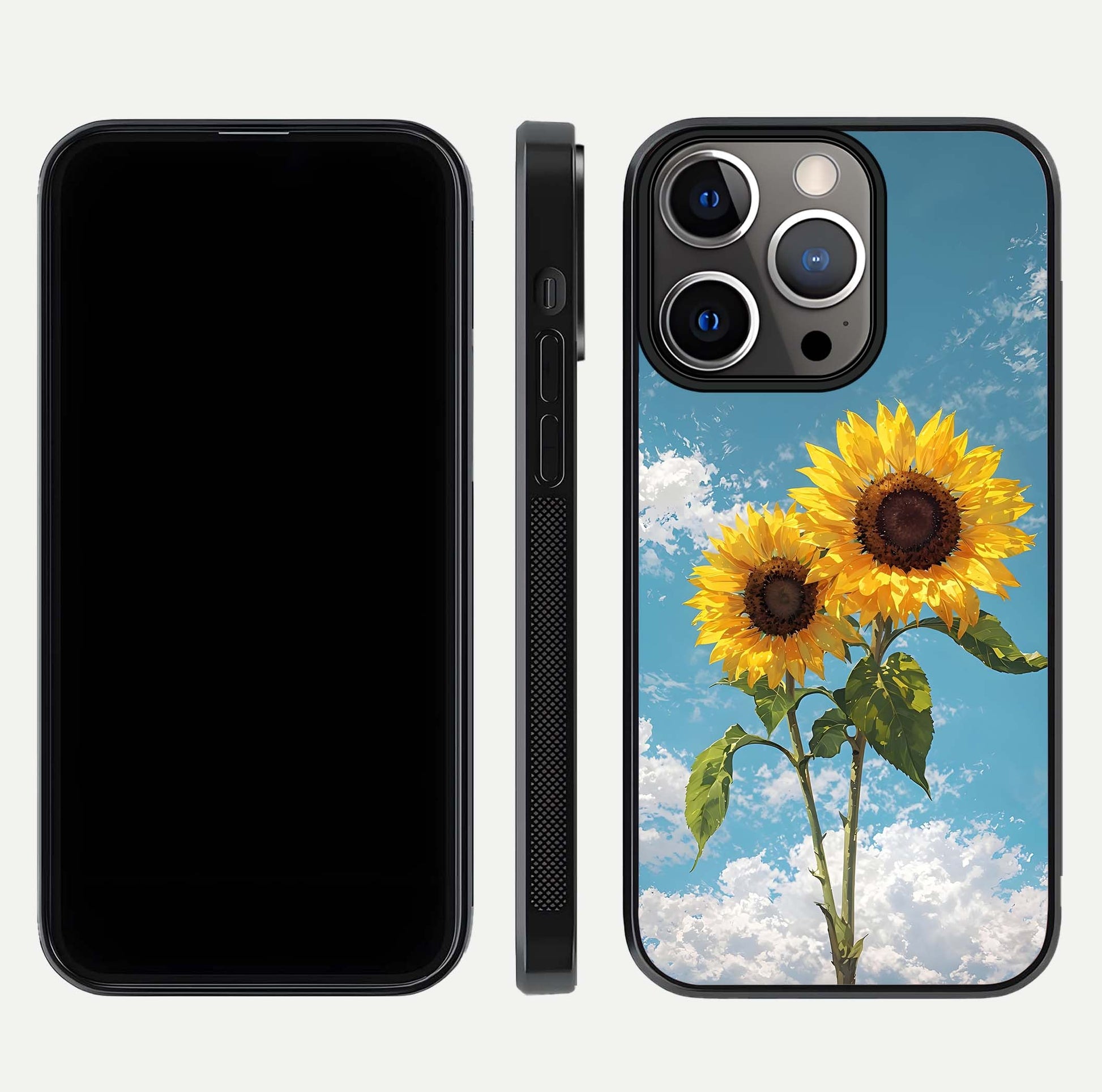 Sunflower Sky Bloom Glass Case for iPhone 13 Pro front & back layout showing soft blue tones and flower contrast