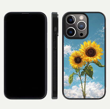 Sunflower Sky Bloom Glass Case for iPhone 13 Pro front & back layout showing soft blue tones and flower contrast