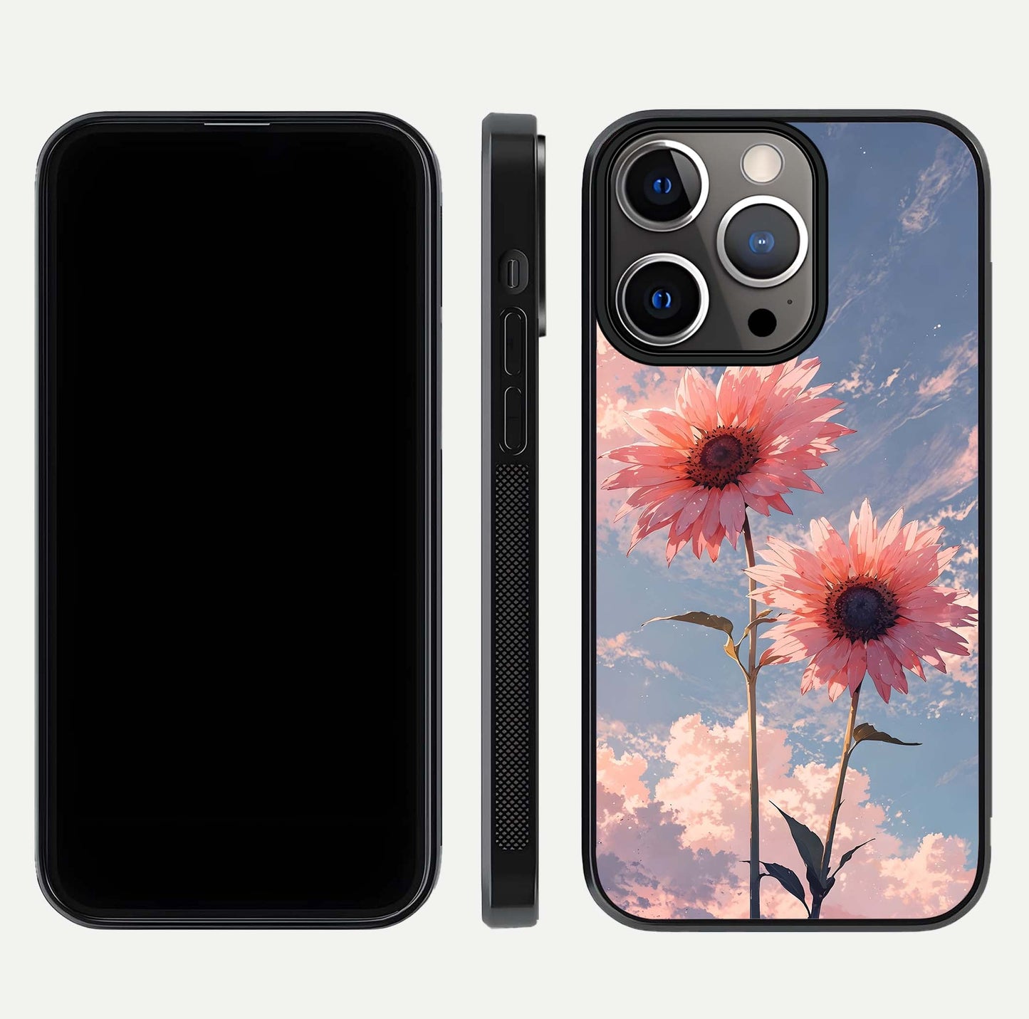 Sunlit Daisy Glow Glass Case for iPhone 13 Pro front & back layout showing vibrant sunlight hues and clean edge