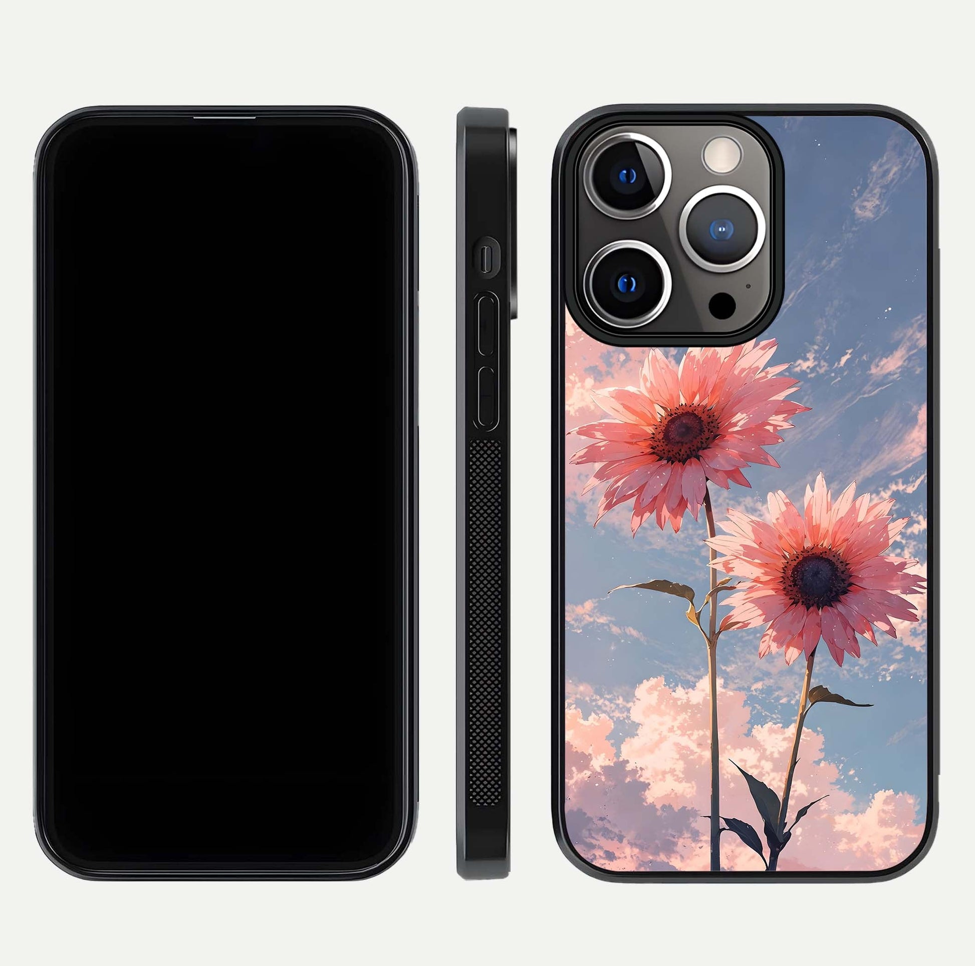 Sunlit Daisy Glow Glass Case for iPhone 13 Pro front & back layout showing vibrant sunlight hues and clean edge