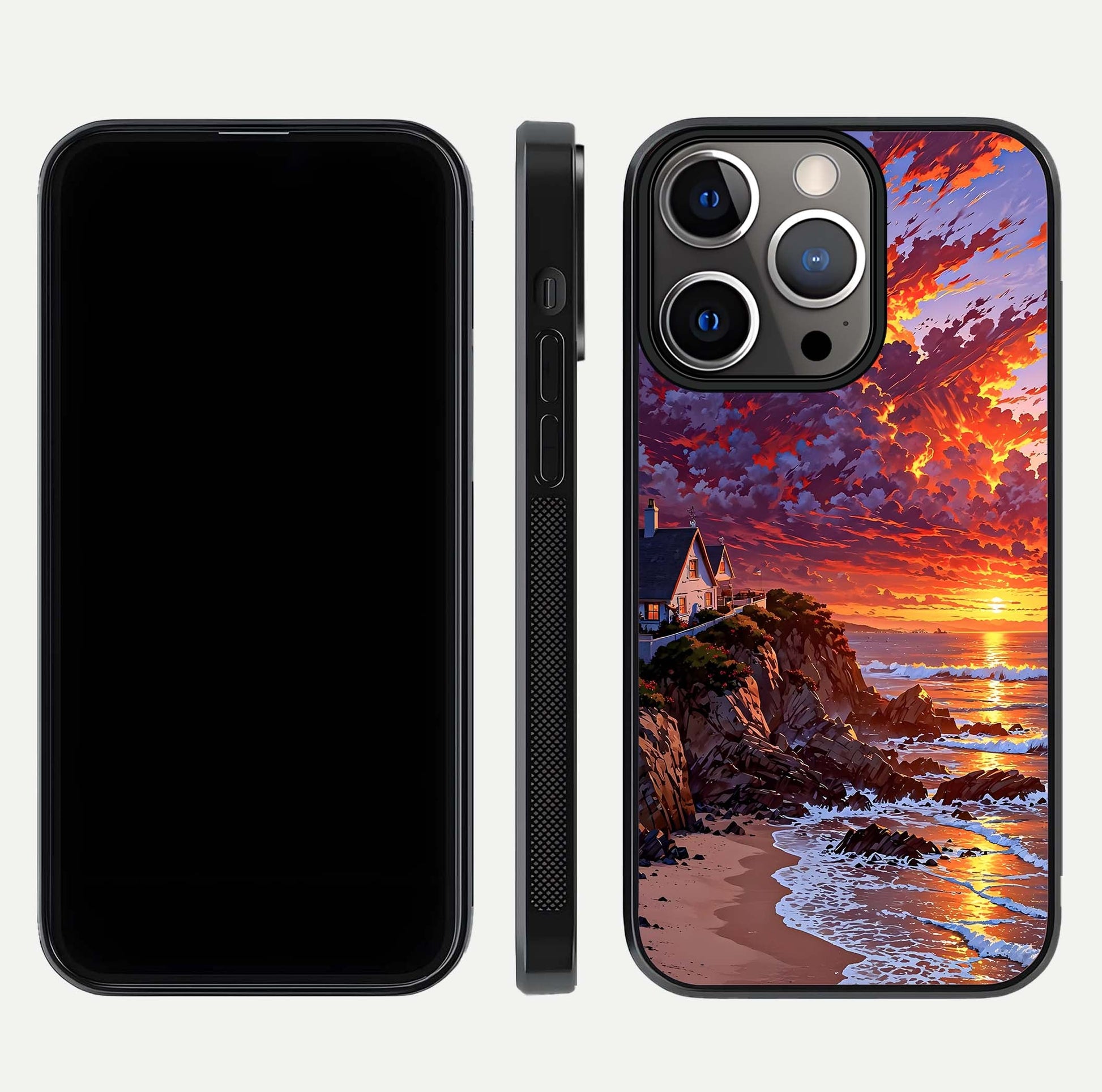 Sunset House by Sea Glass Case for iPhone 13 Pro front & back layout showing scenic gradient and curved edge